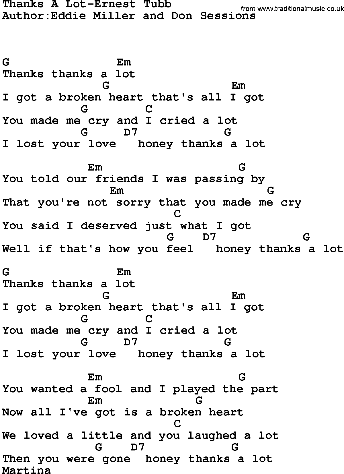 Country music song: Thanks A Lot-Ernest Tubb lyrics and chords