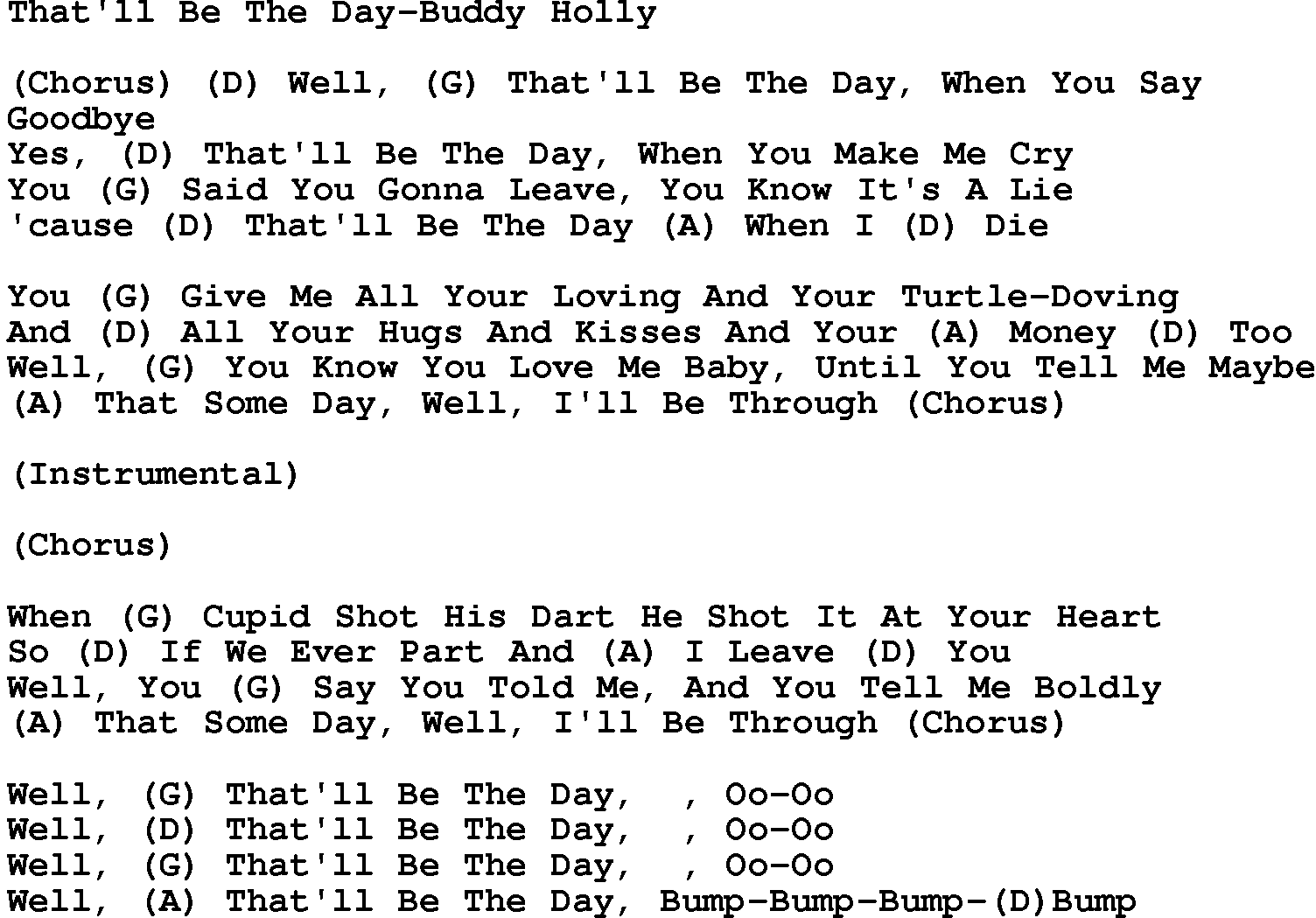 Country music song: That'll Be The Day-Buddy Holly lyrics and chords