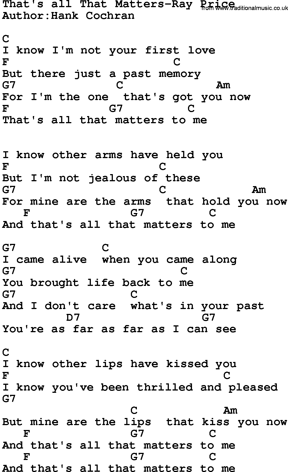 Country music song: That's All That Matters-Ray Price lyrics and chords
