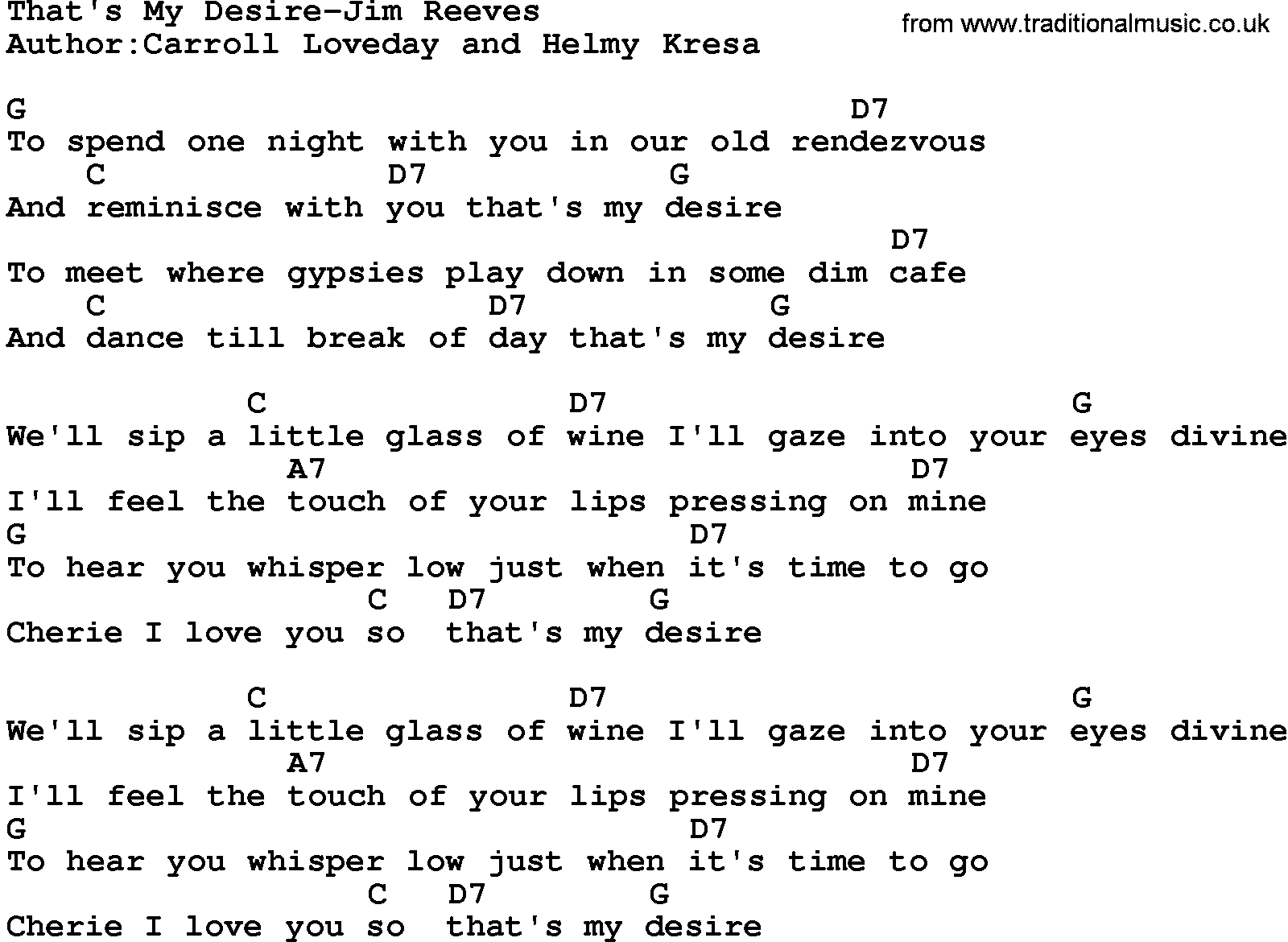 Country music song: That's My Desire-Jim Reeves lyrics and chords