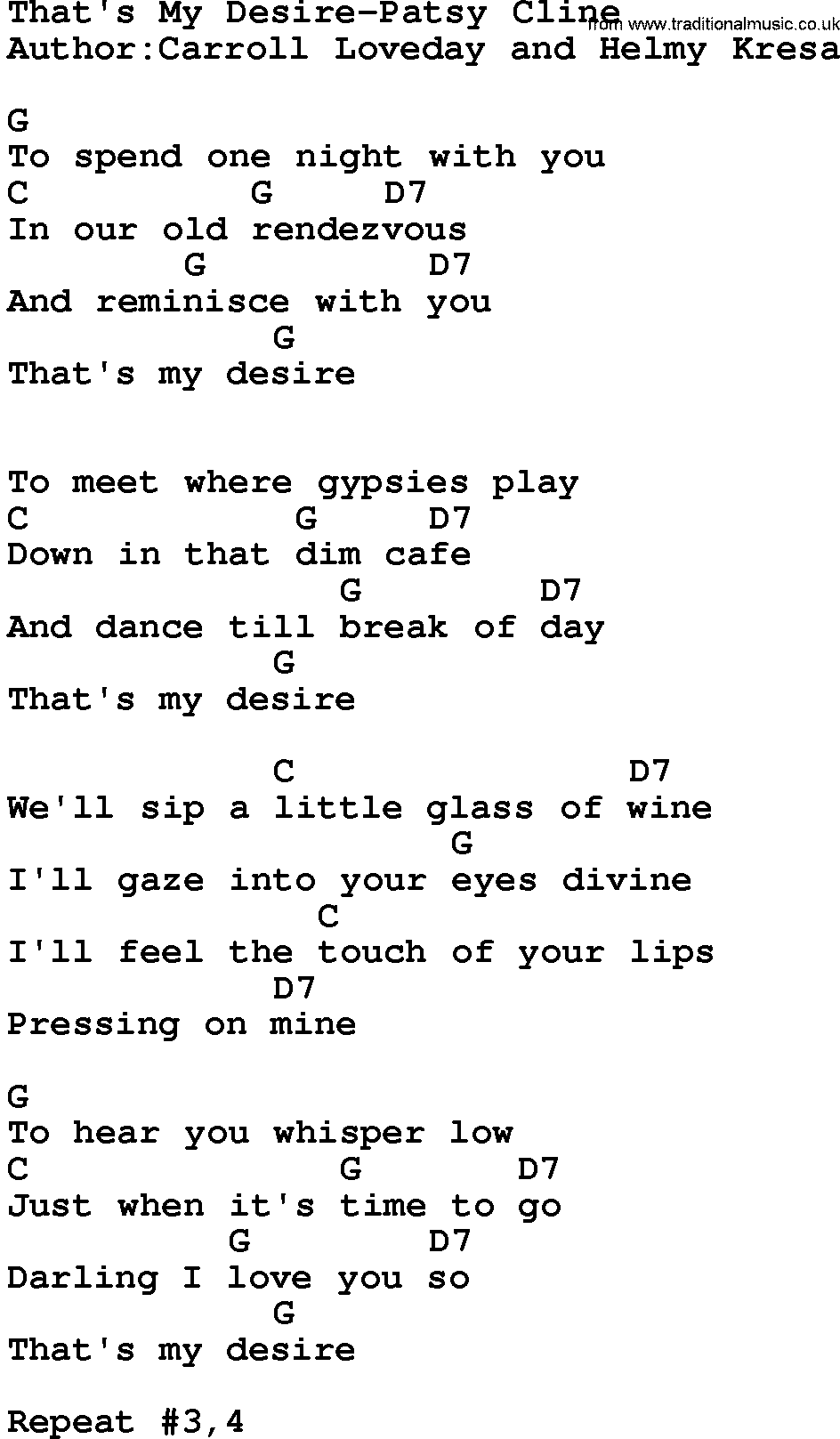 Country music song: That's My Desire-Patsy Cline lyrics and chords