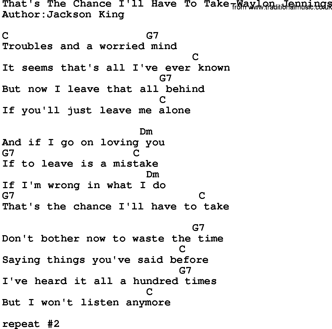 Country music song: That's The Chance I'll Have To Take-Waylon Jennings lyrics and chords