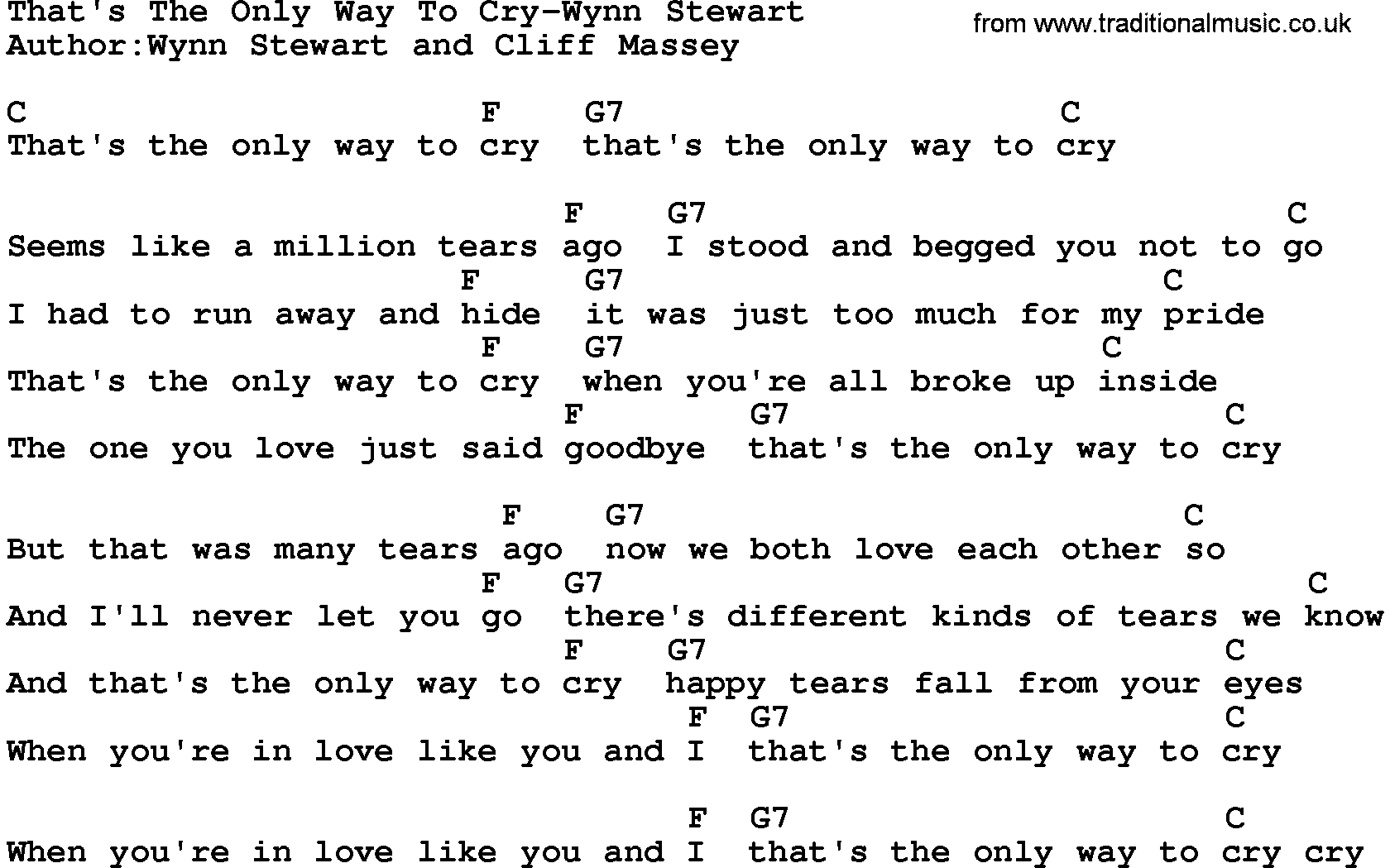 Country music song: That's The Only Way To Cry-Wynn Stewart lyrics and chords