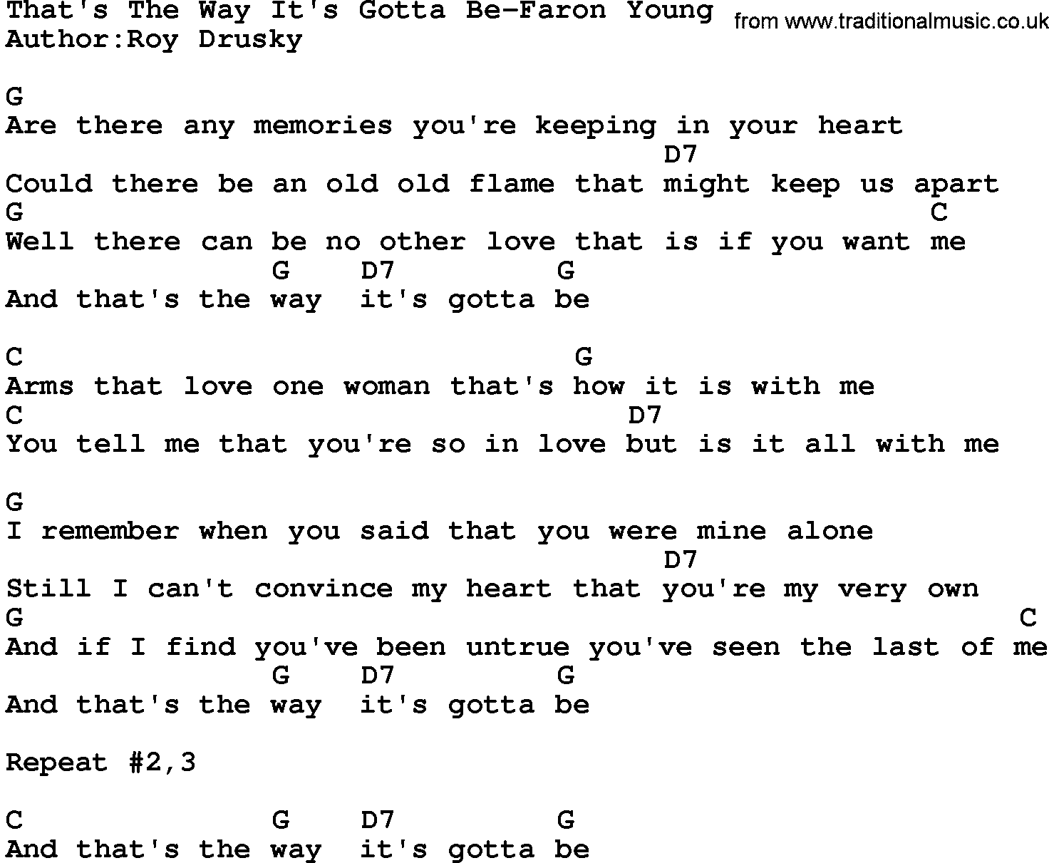 Country music song: That's The Way It's Gotta Be-Faron Young lyrics and chords