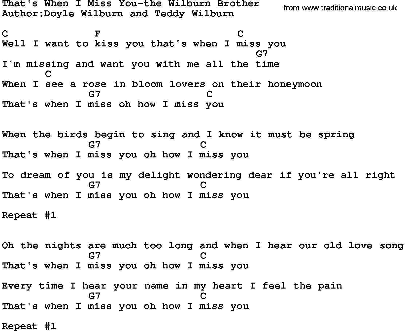 Country music song: That's When I Miss You-The Wilburn Brother lyrics and chords
