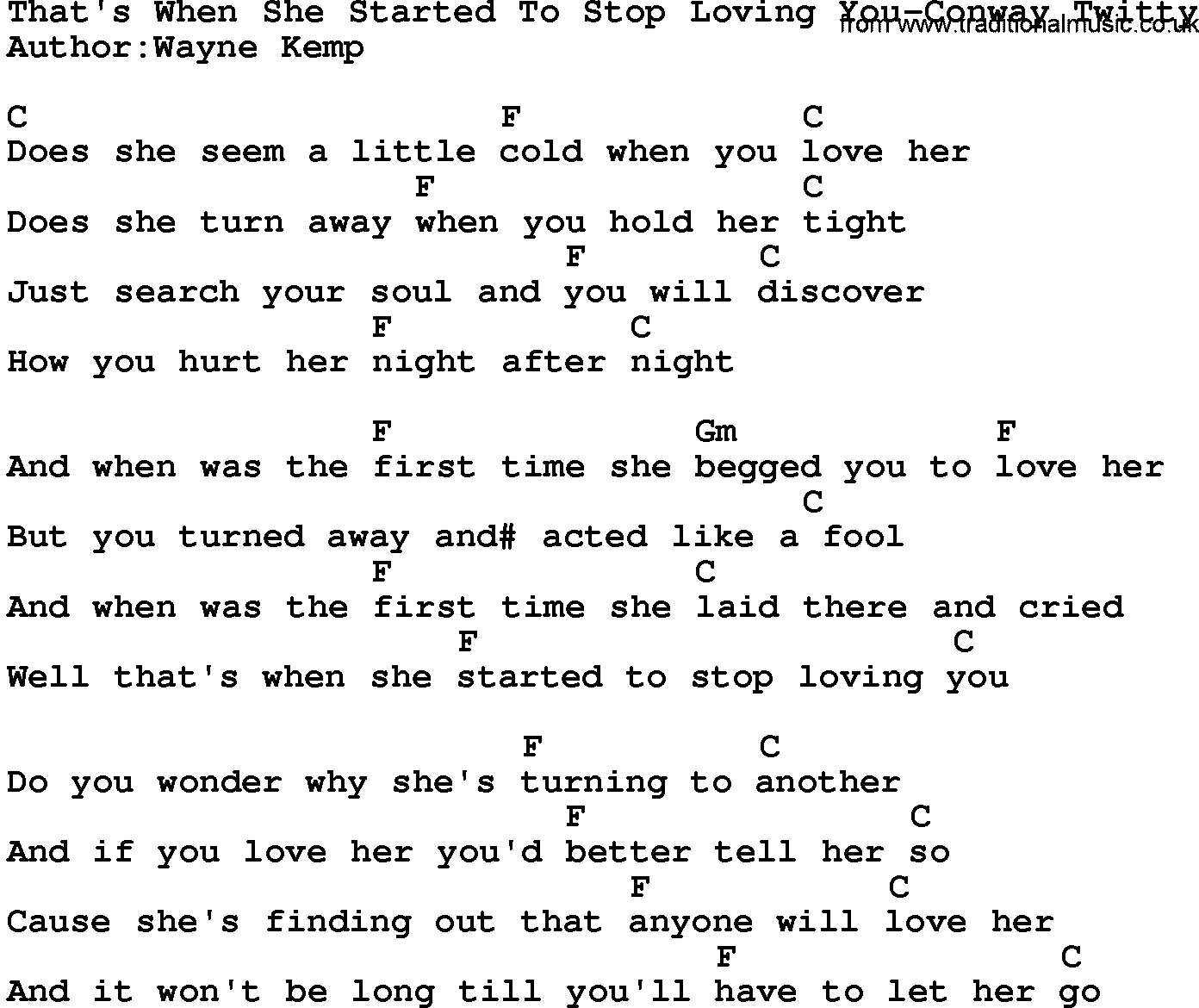 Country music song: That's When She Started To Stop Loving You-Conway Twitty lyrics and chords