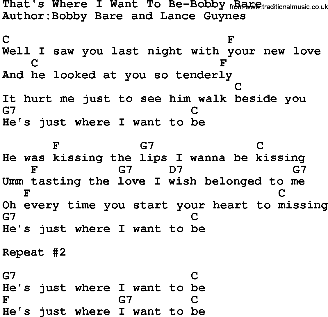 Country music song: That's Where I Want To Be-Bobby Bare lyrics and chords