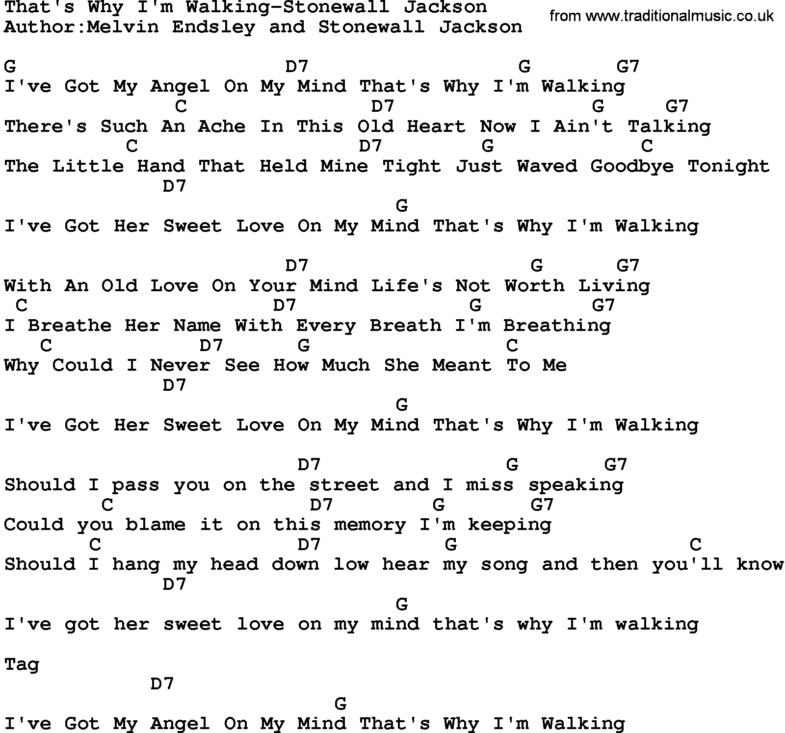 Country music song: That's Why I'm Walking-Stonewall Jackson lyrics and chords