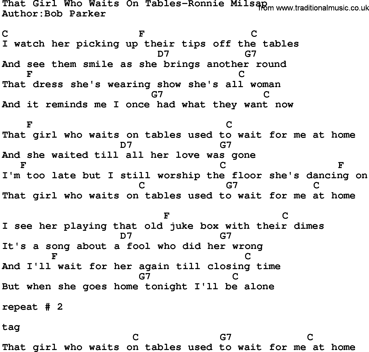 Country music song: That Girl Who Waits On Tables-Ronnie Milsap lyrics and chords