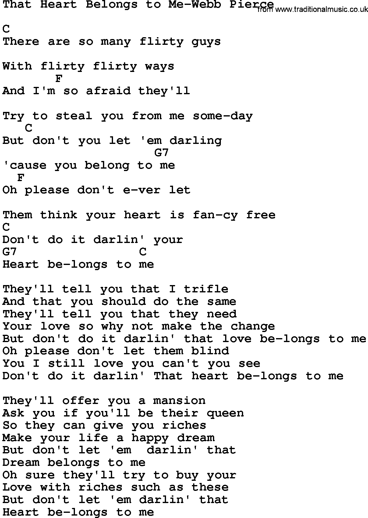 Country music song: That Heart Belongs To Me-Webb Pierce lyrics and chords