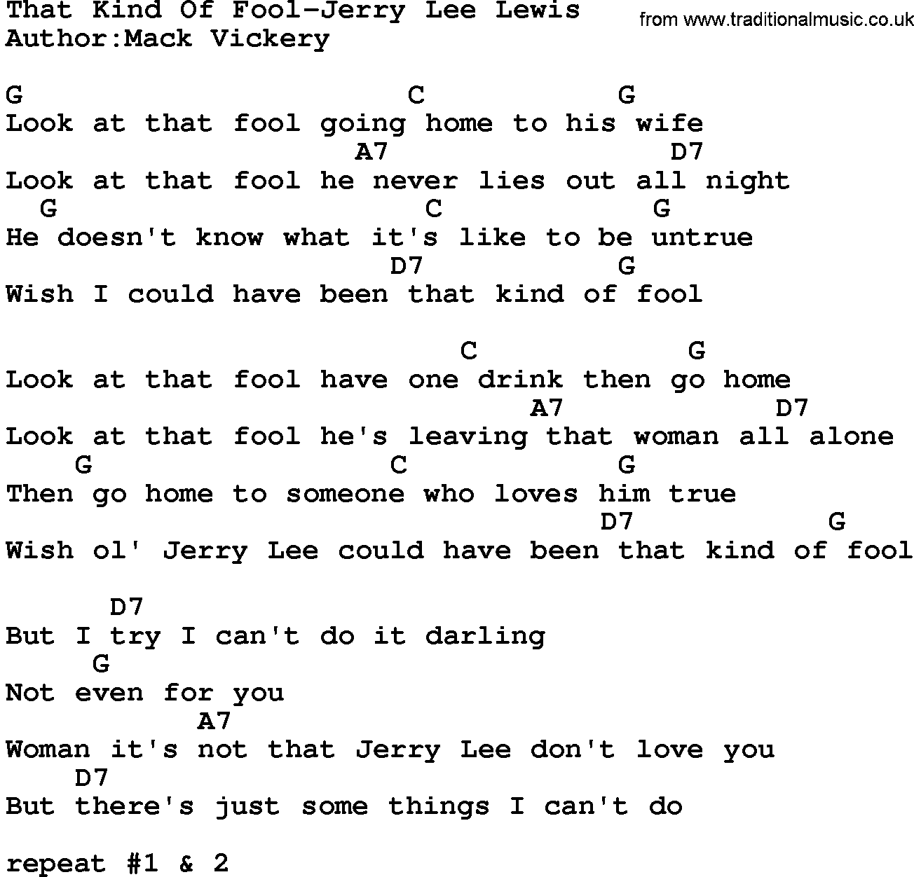 Country music song: That Kind Of Fool-Jerry Lee Lewis lyrics and chords