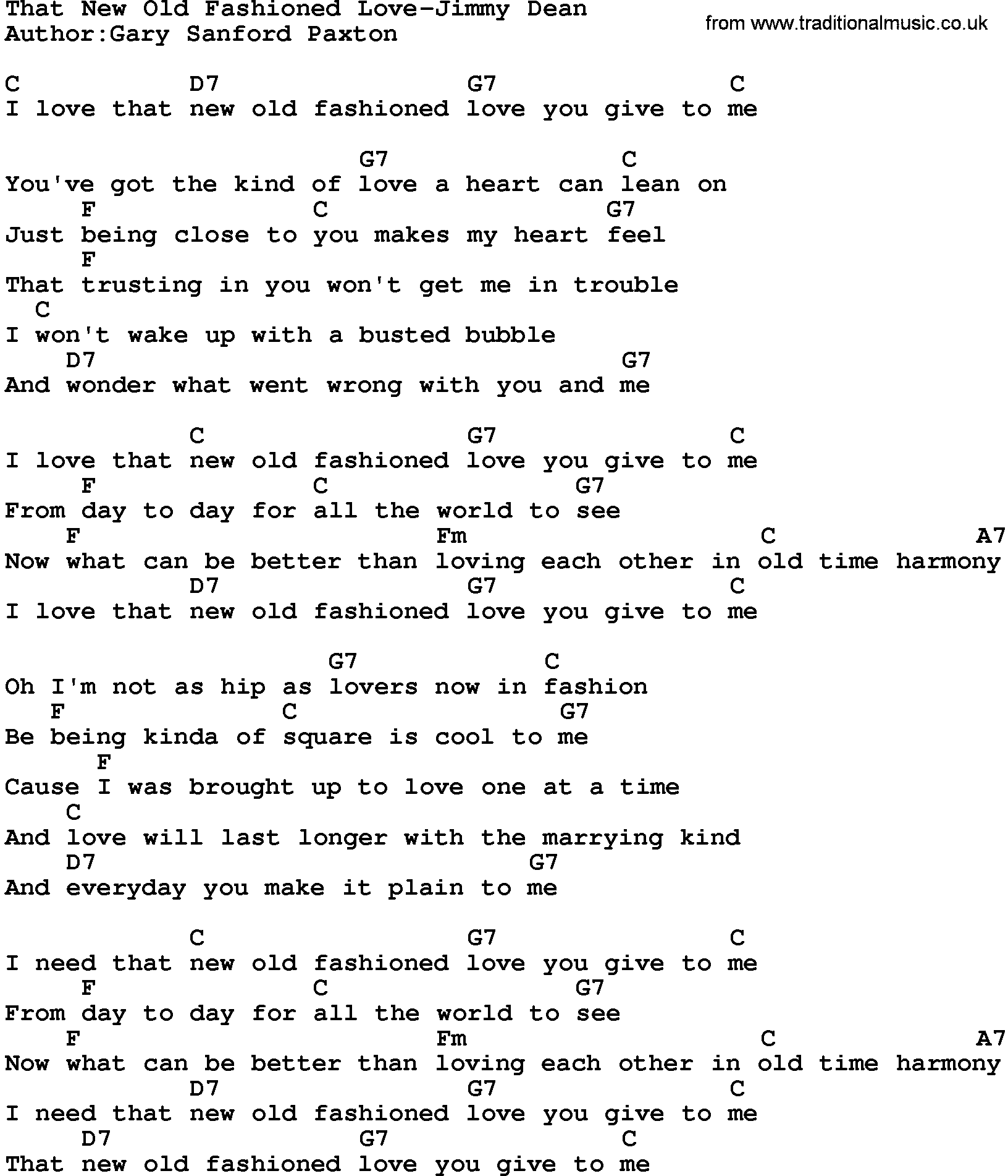 Country music song: That New Old Fashioned Love-Jimmy Dean lyrics and chords