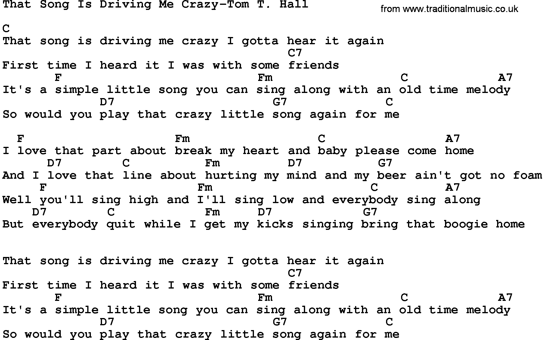 Country music song: That Song Is Driving Me Crazy-Tom T Hall lyrics and chords