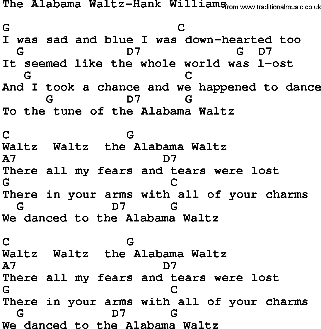 Country music song: The Alabama Waltz-Hank Williams lyrics and chords