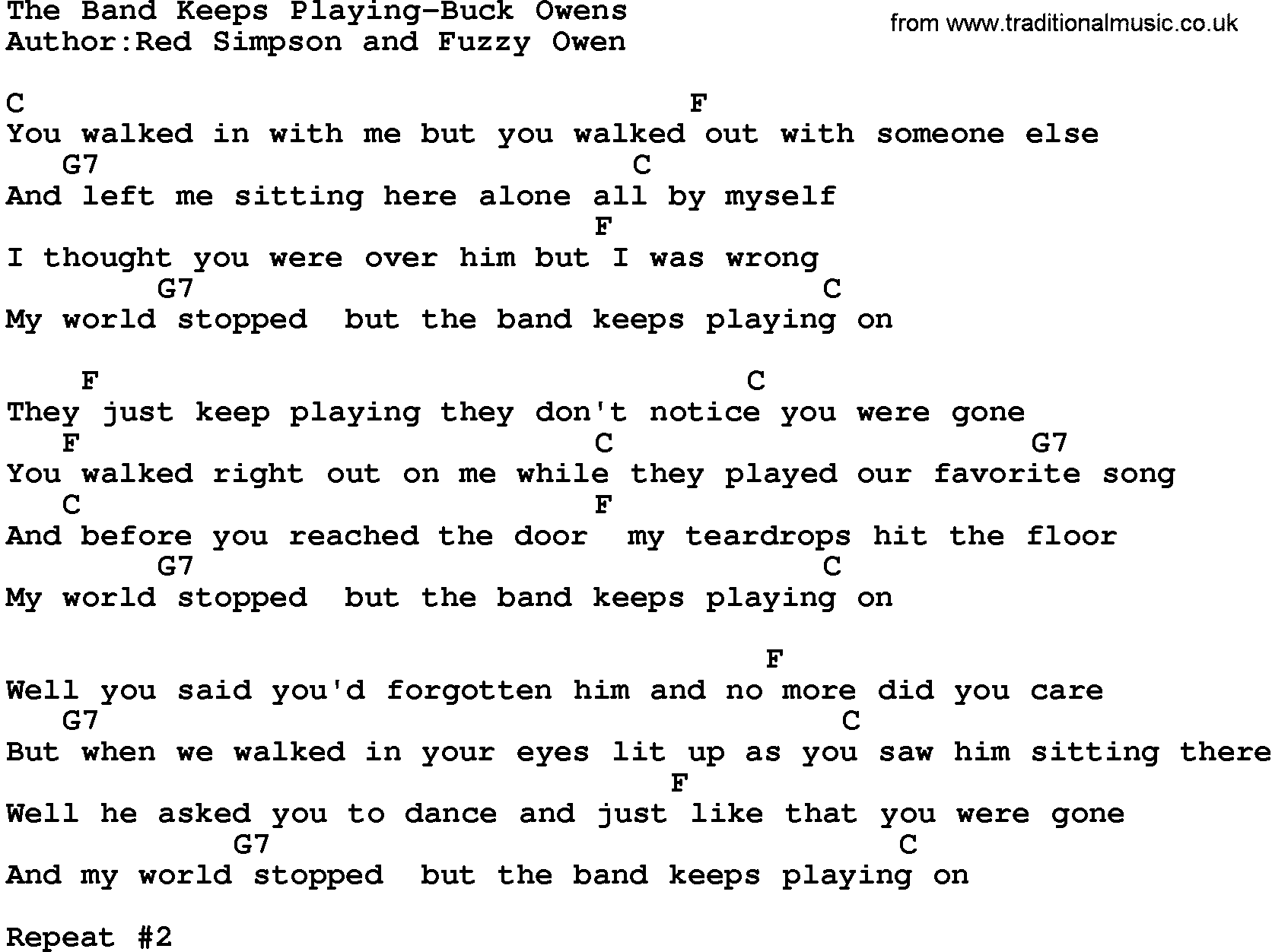 Country music song: The Band Keeps Playing-Buck Owens lyrics and chords