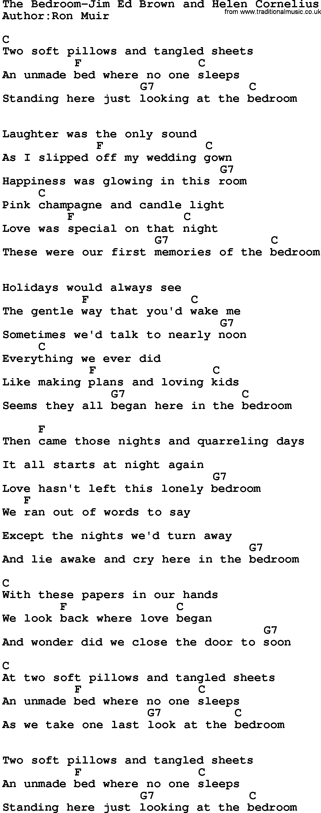 Country music song: The Bedroom-Jim Ed Brown And Helen Cornelius lyrics and chords