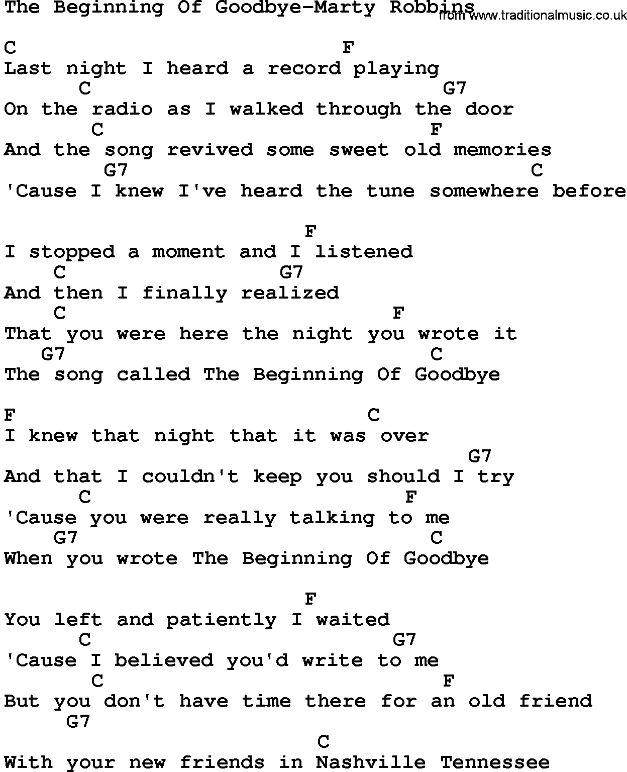 Country music song: The Beginning Of Goodbye-Marty Robbins lyrics and chords