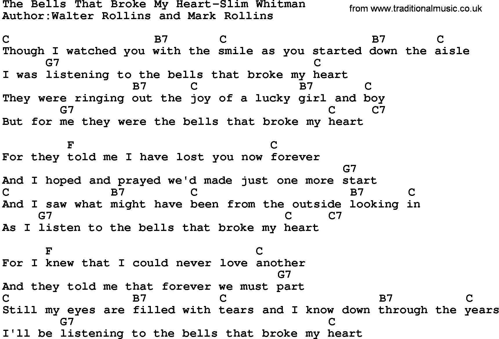 Country music song: The Bells That Broke My Heart-Slim Whitman lyrics and chords