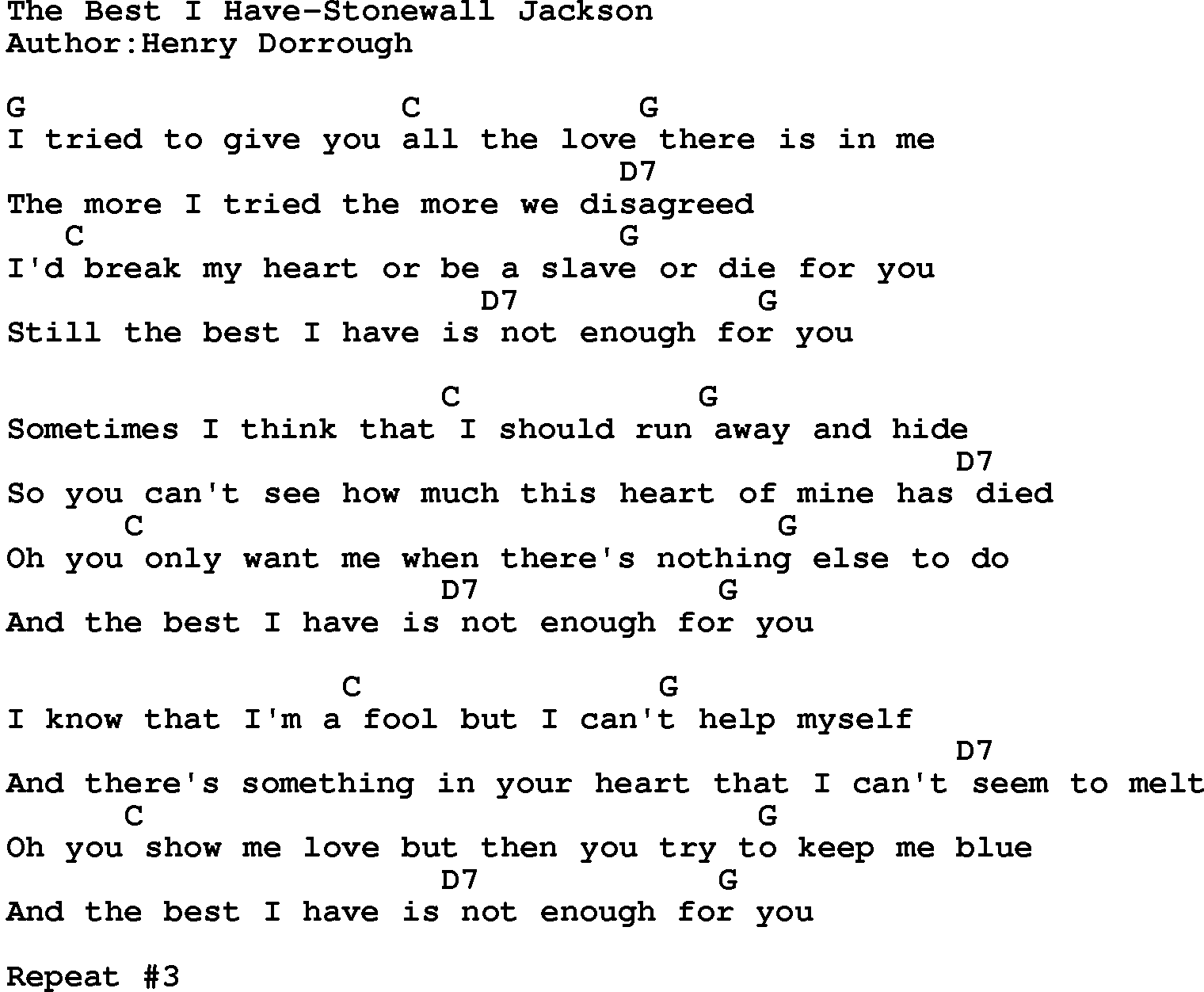 Country music song: The Best I Have-Stonewall Jackson lyrics and chords