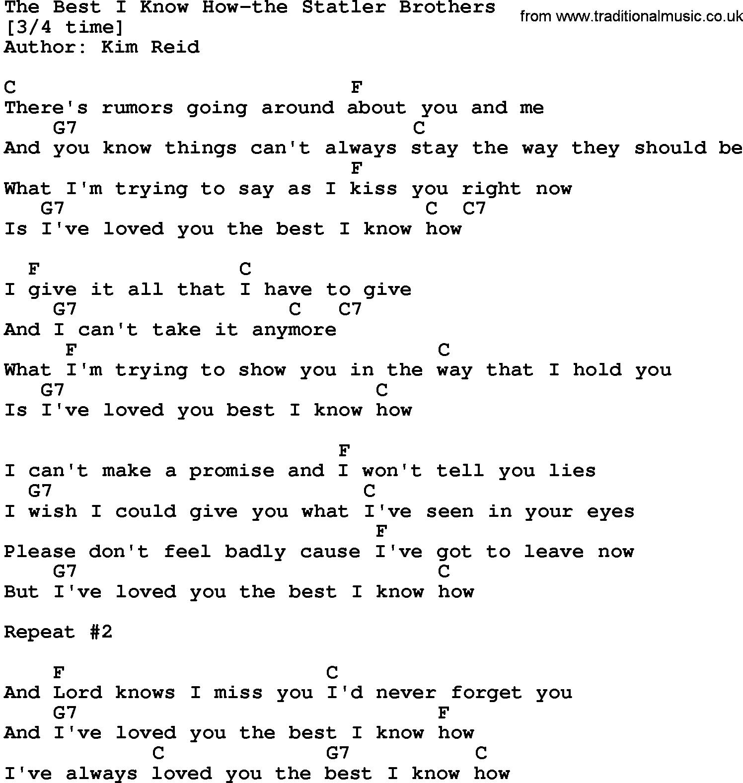 Country music song: The Best I Know How-The Statler Brothers lyrics and chords