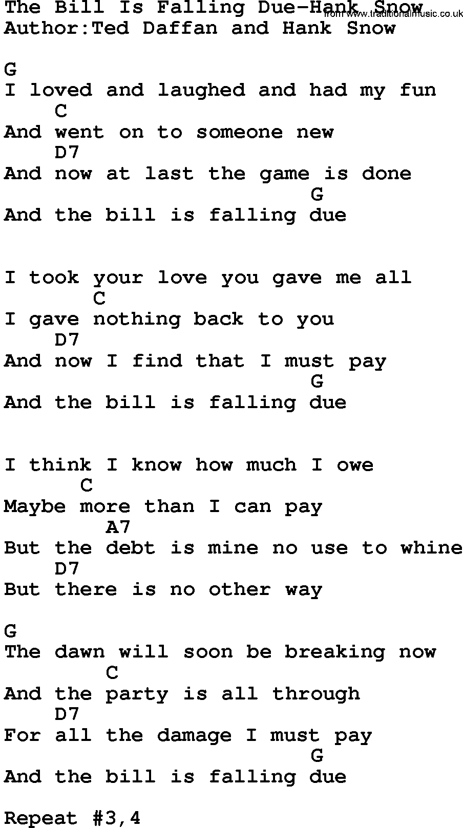 Country music song: The Bill Is Falling Due-Hank Snow lyrics and chords