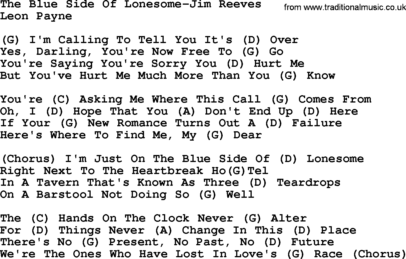 Country music song: The Blue Side Of Lonesome-Jim Reeves lyrics and chords