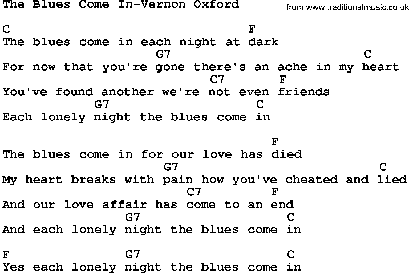 Country music song: The Blues Come In-Vernon Oxford lyrics and chords