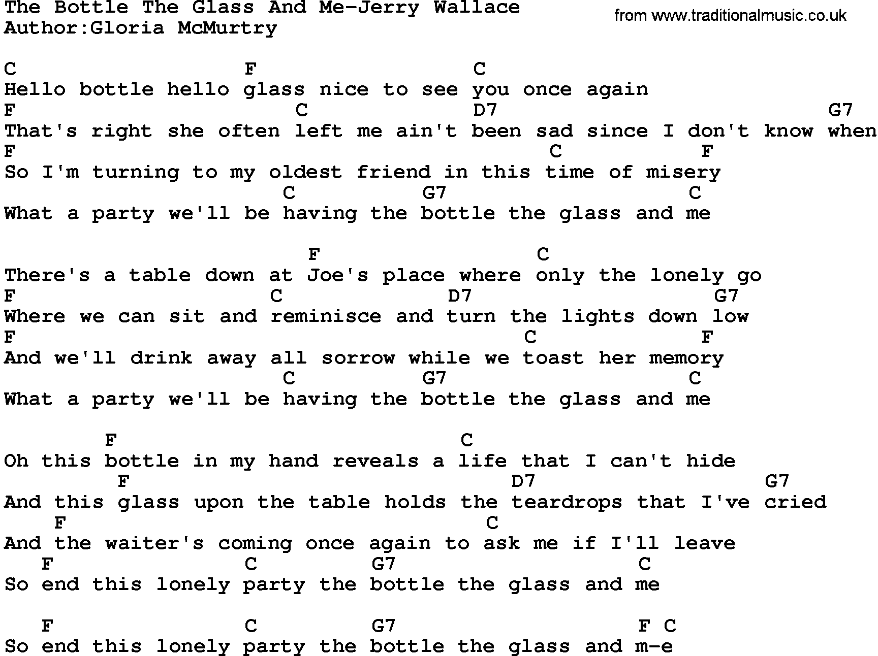 Country music song: The Bottle The Glass And Me-Jerry Wallace lyrics and chords