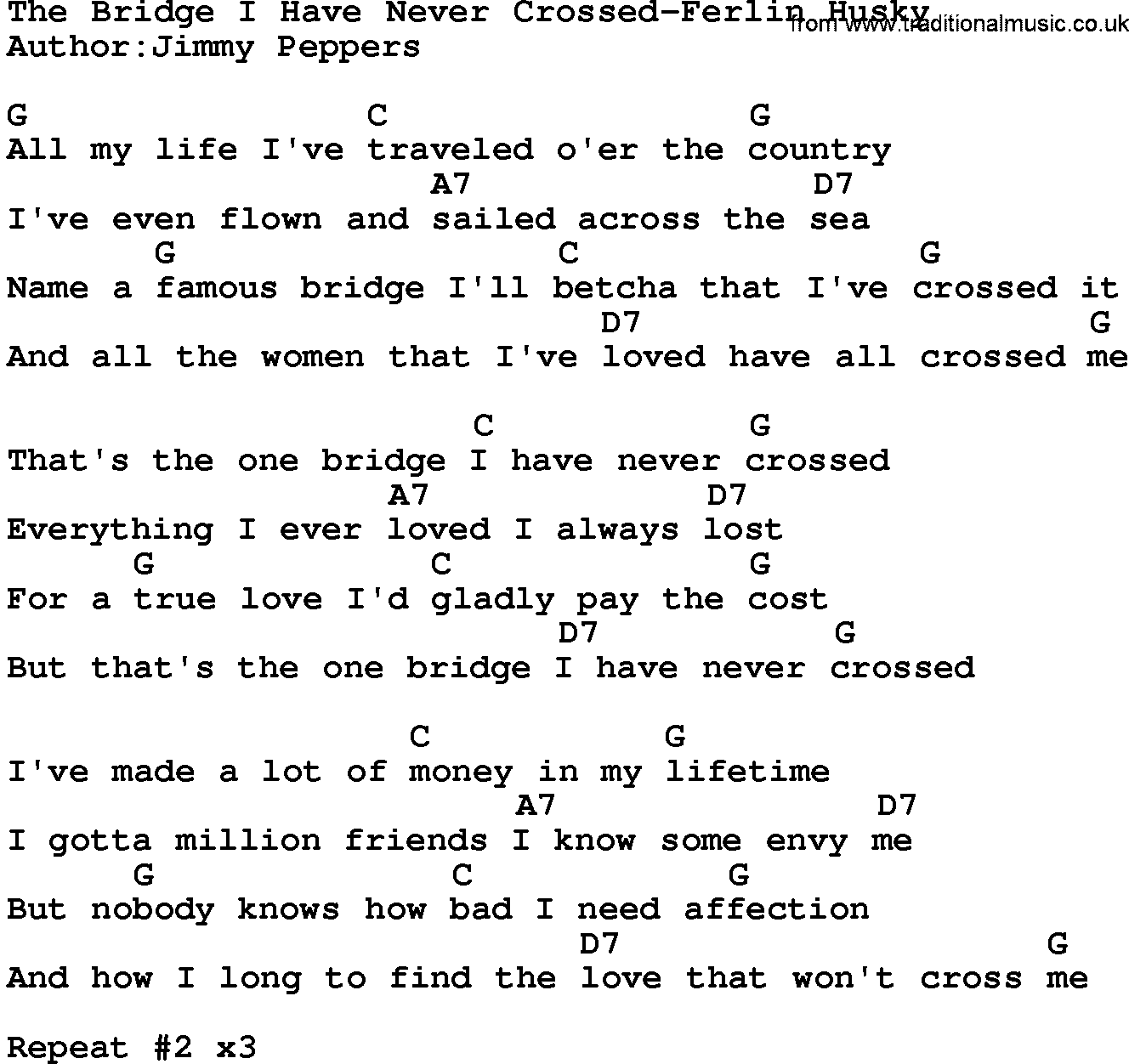 Country music song: The Bridge I Have Never Crossed-Ferlin Husky lyrics and chords