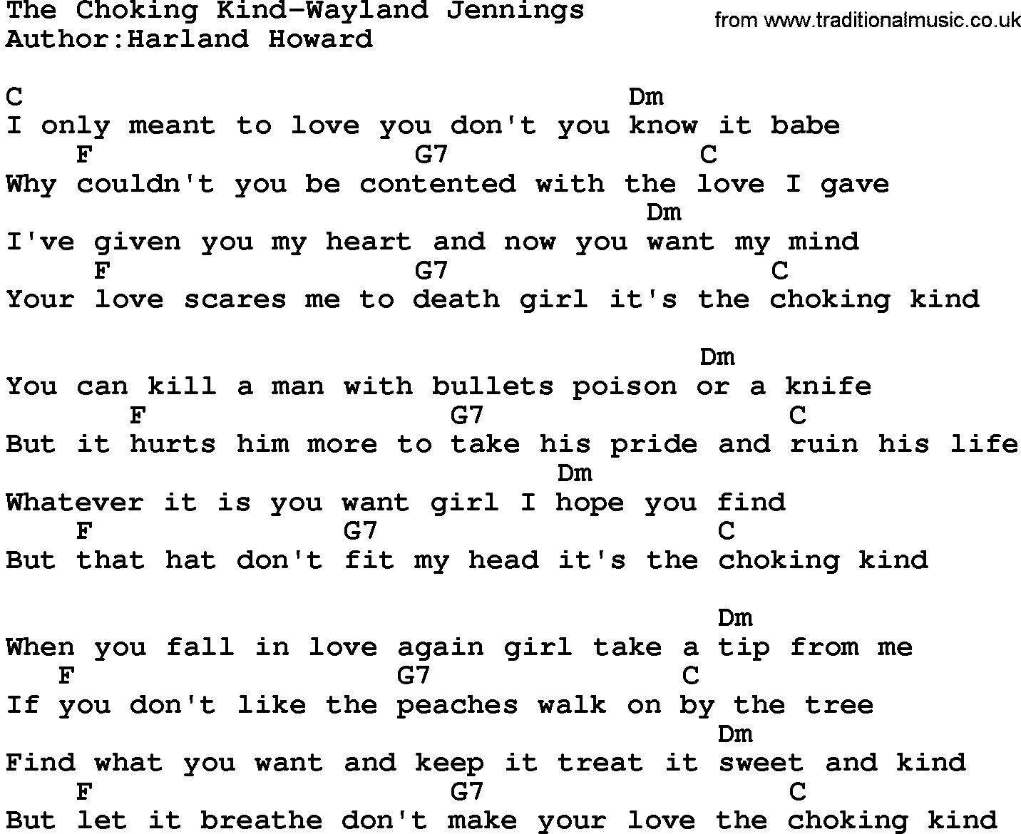 Country music song: The Choking Kind-Wayland Jennings lyrics and chords