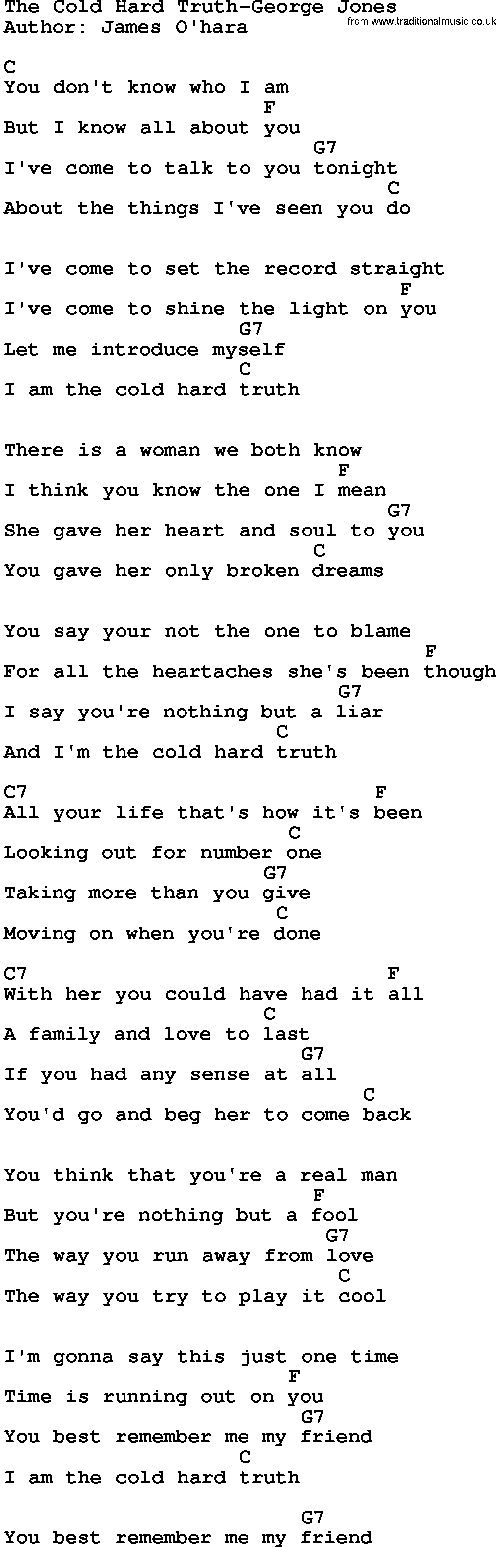 Country music song: The Cold Hard Truth-George Jones lyrics and chords