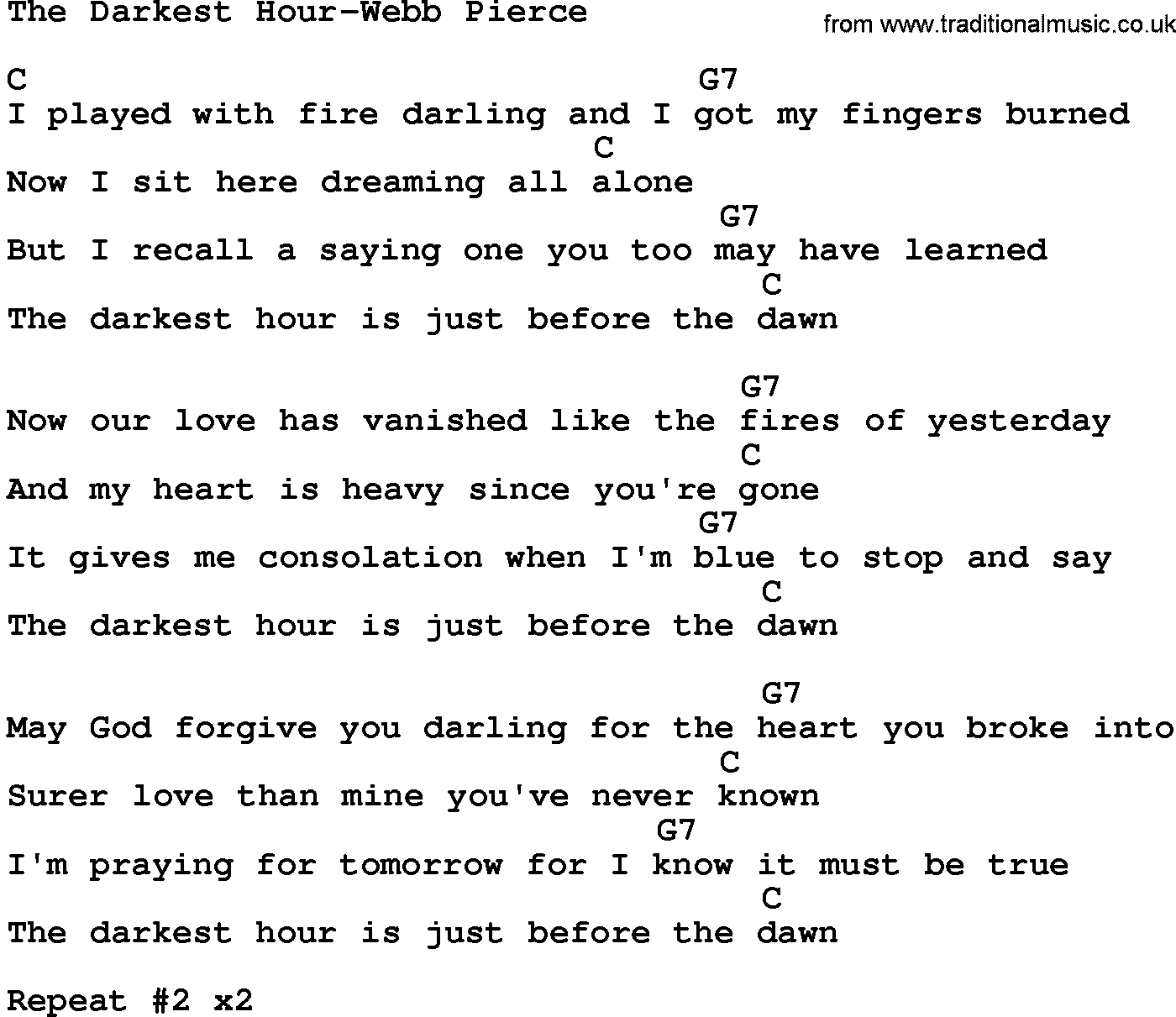 Country music song: The Darkest Hour-Webb Pierce lyrics and chords