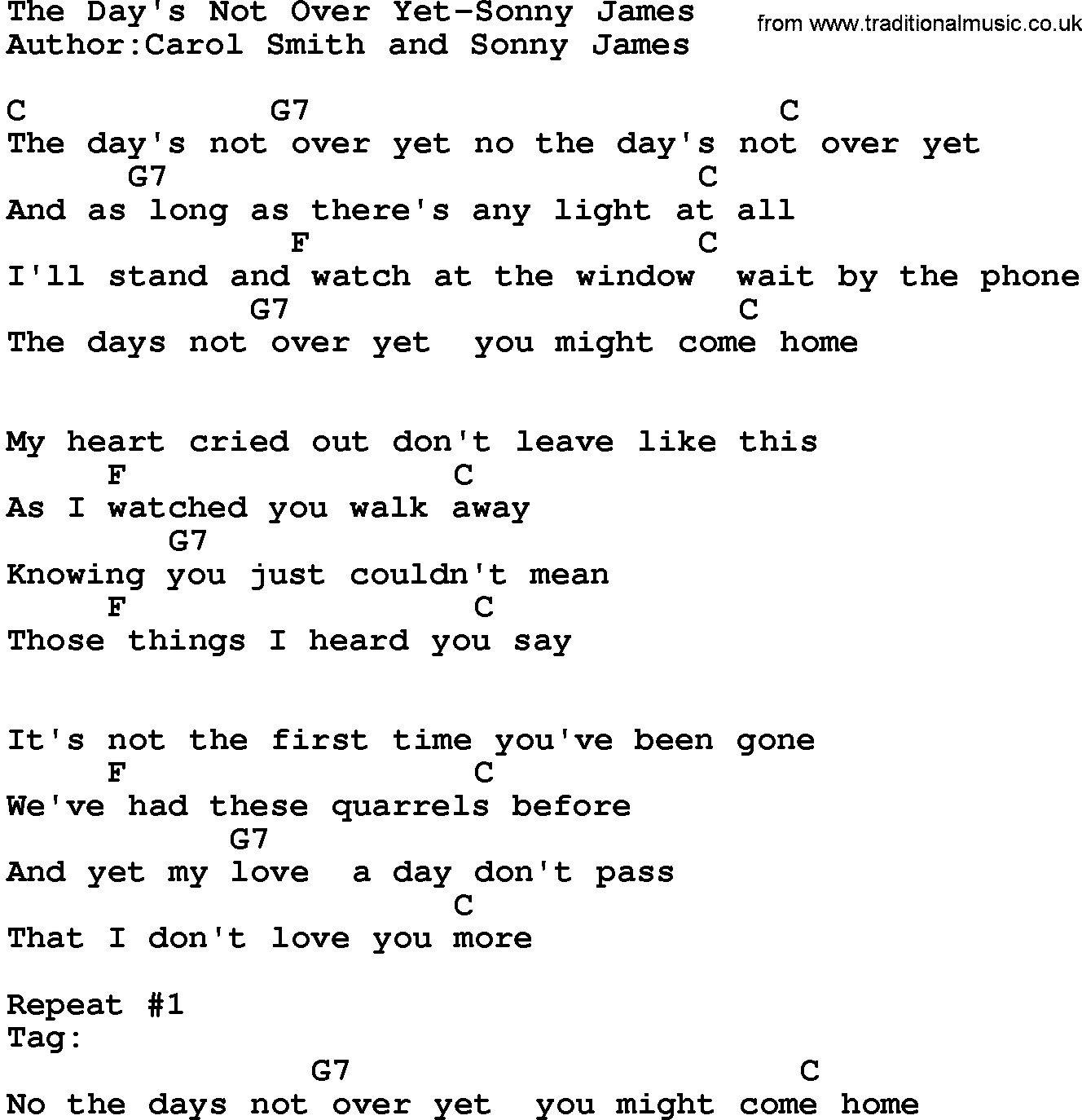 Country music song: The Day's Not Over Yet-Sonny James lyrics and chords