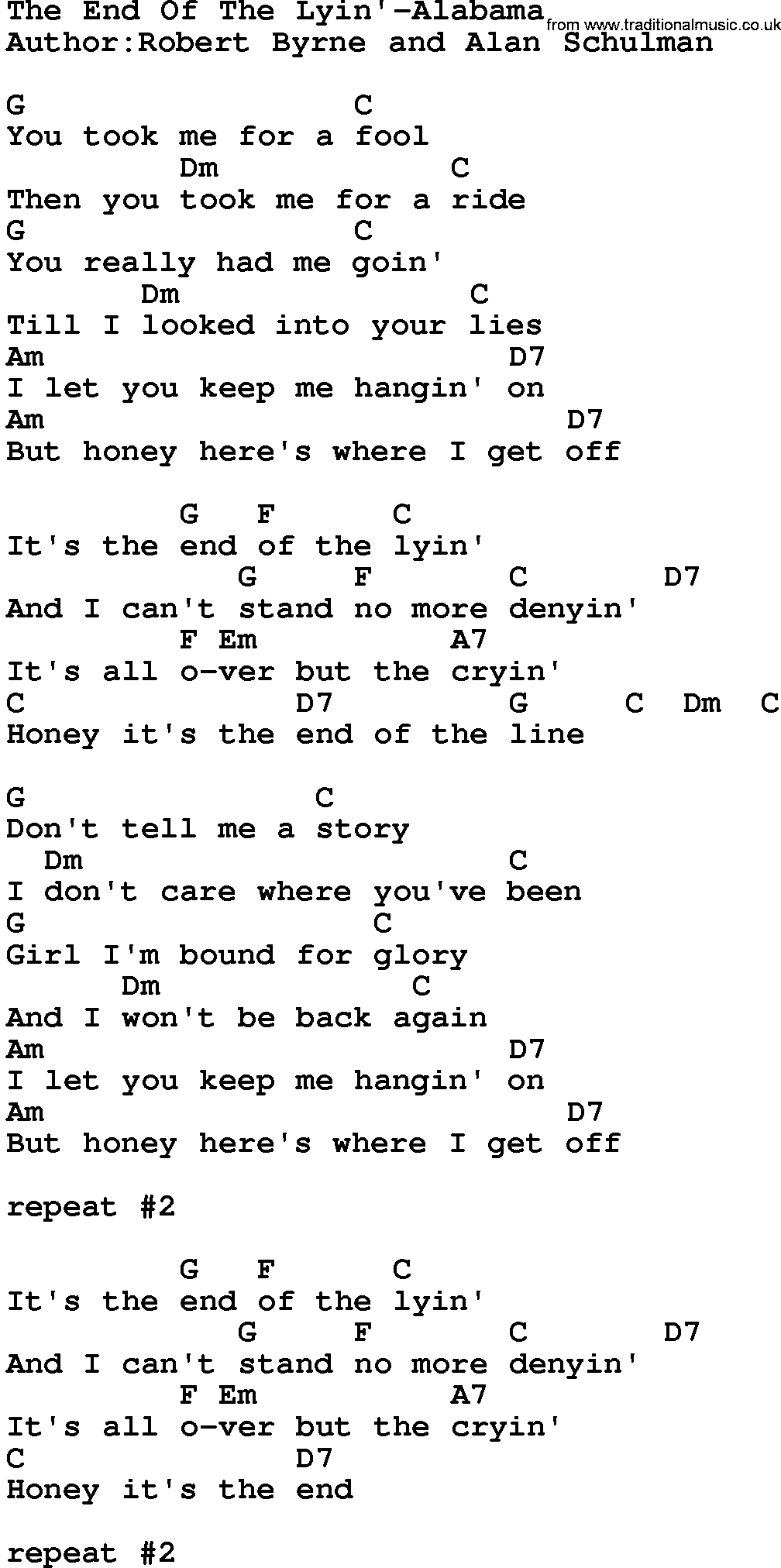 Country music song: The End Of The Lyin'-Alabama lyrics and chords