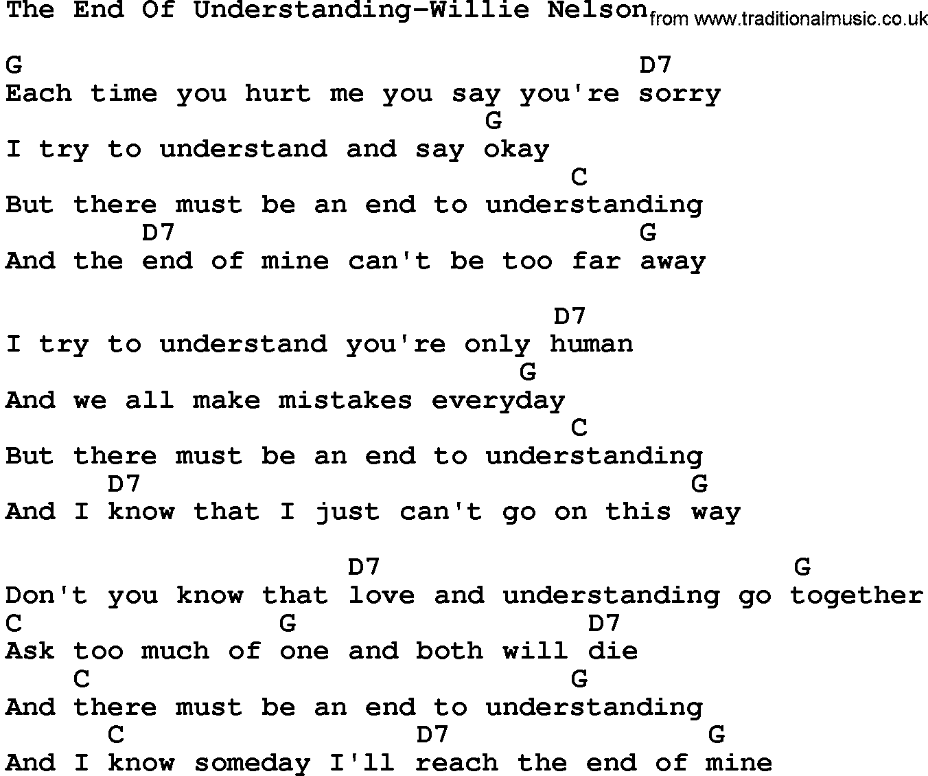 Country music song: The End Of Understanding-Willie Nelson lyrics and chords