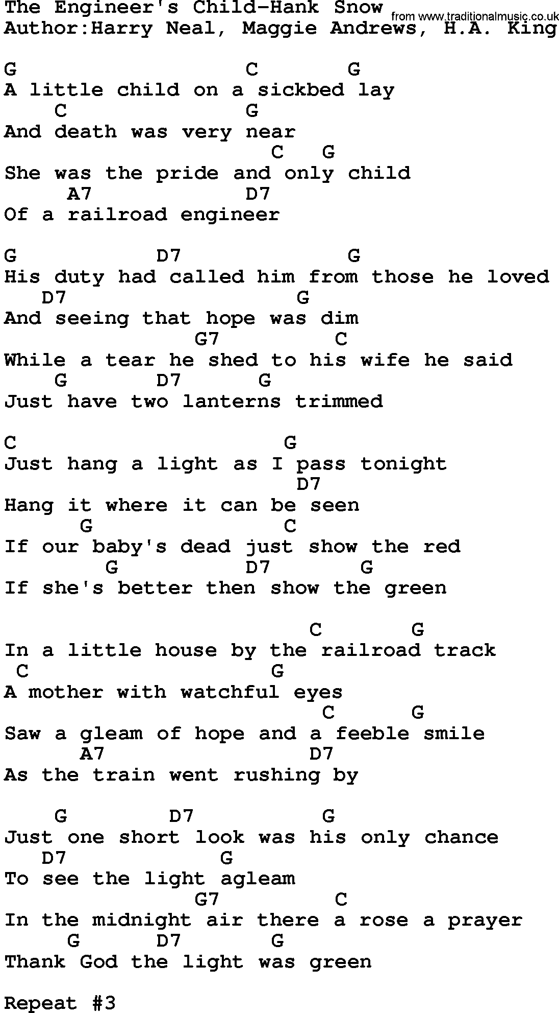 Country music song: The Engineer's Child-Hank Snow  lyrics and chords