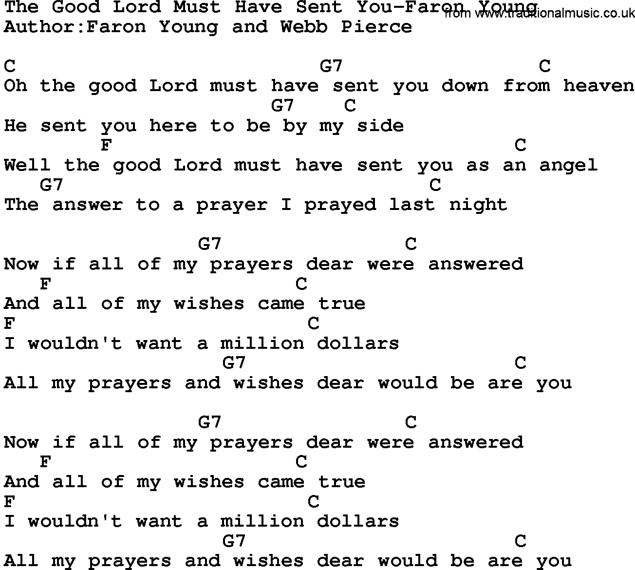 Country music song: The Good Lord Must Have Sent You-Faron Young lyrics and chords
