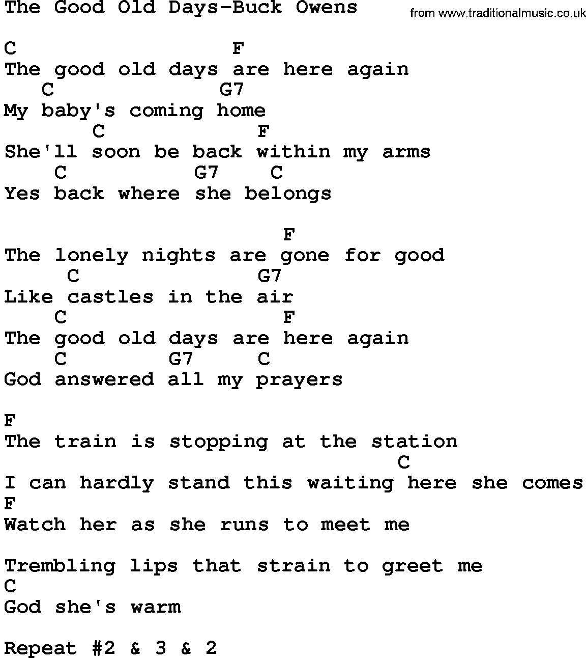 Country music song: The Good Old Days-Buck Owens lyrics and chords
