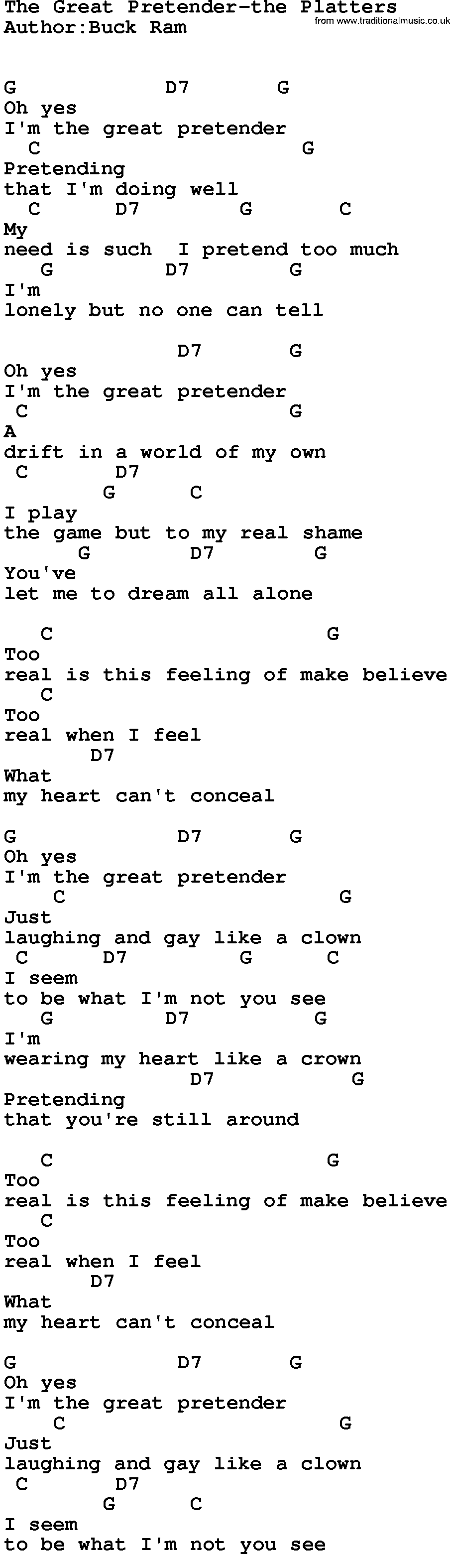 Country music song: The Great Pretender-The Platters lyrics and chords