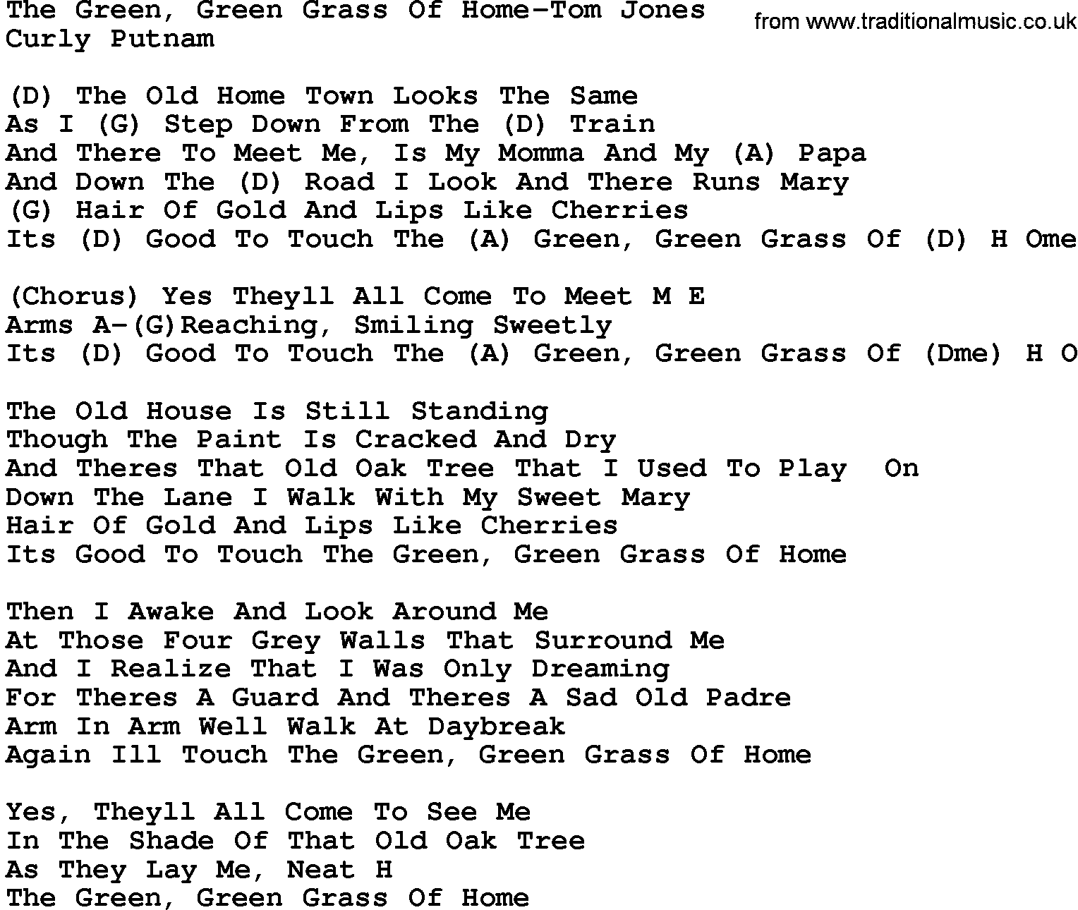 Country music song: The Green, Green Grass Of Home-Tom Jones lyrics and chords