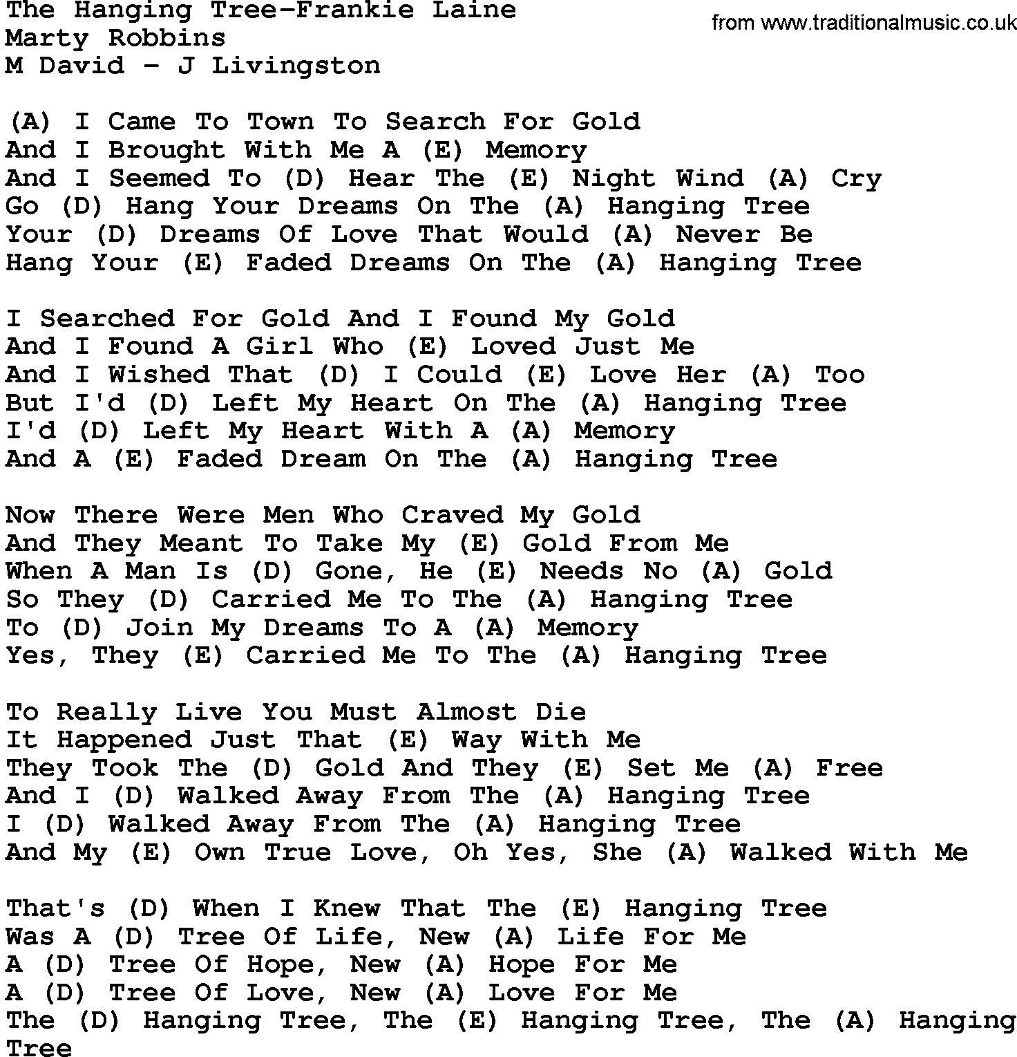 Country music song: The Hanging Tree-Frankie Laine lyrics and chords