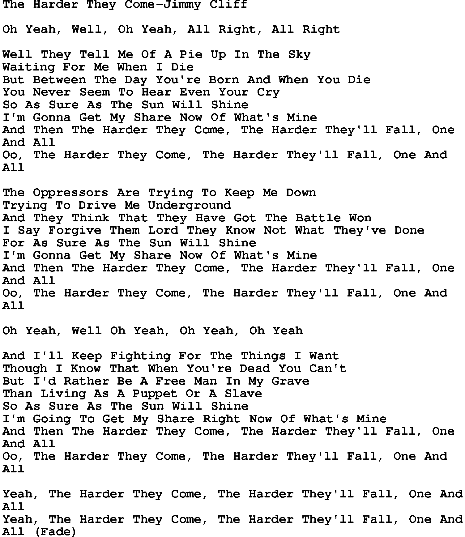 Country music song: The Harder They Come-Jimmy Cliff lyrics and chords