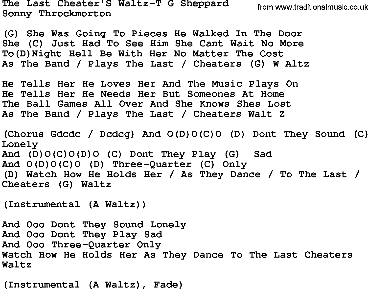 Country music song: The Last Cheater's Waltz-T G Sheppard lyrics and chords