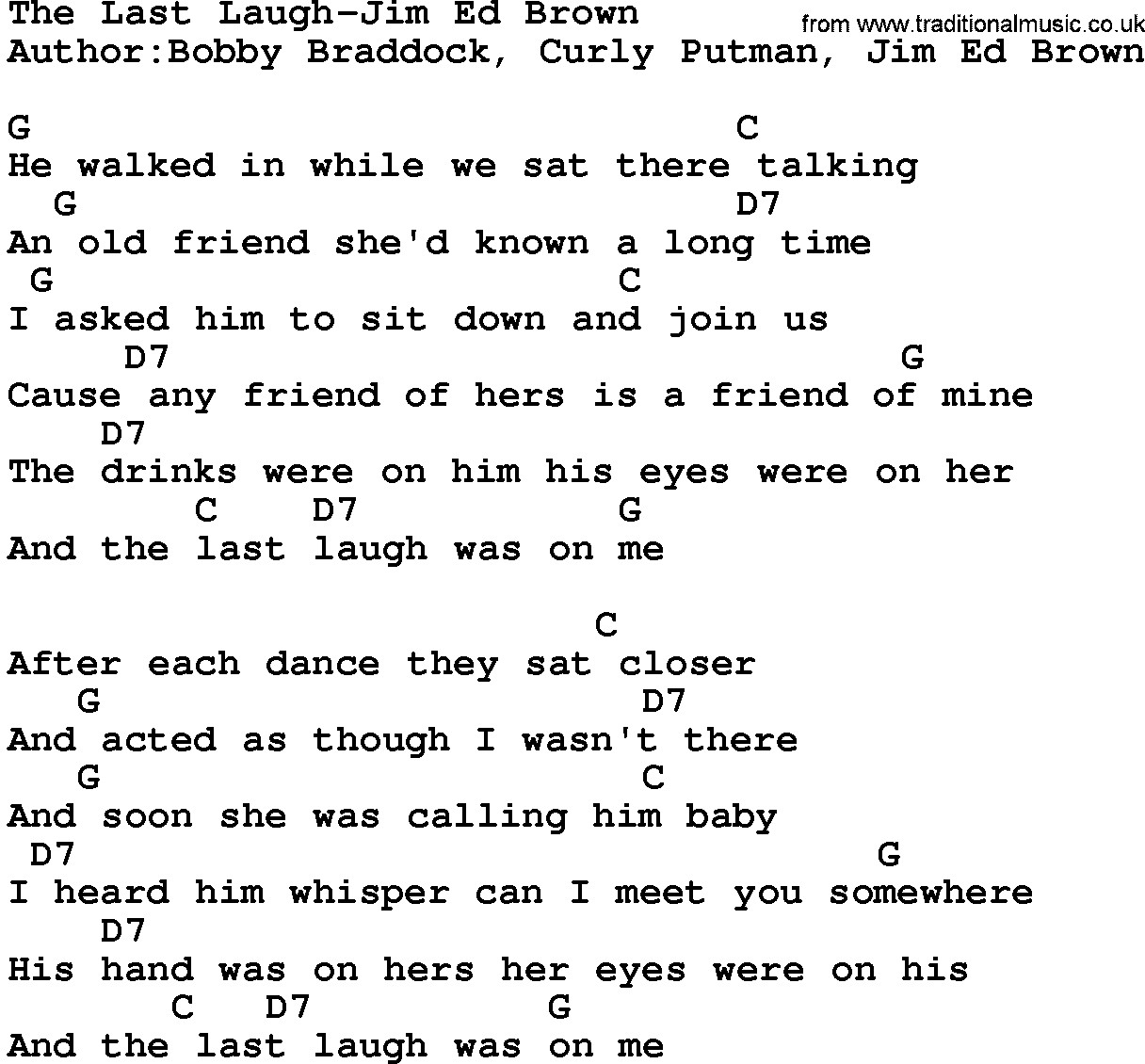 Country music song: The Last Laugh-Jim Ed Brown  lyrics and chords