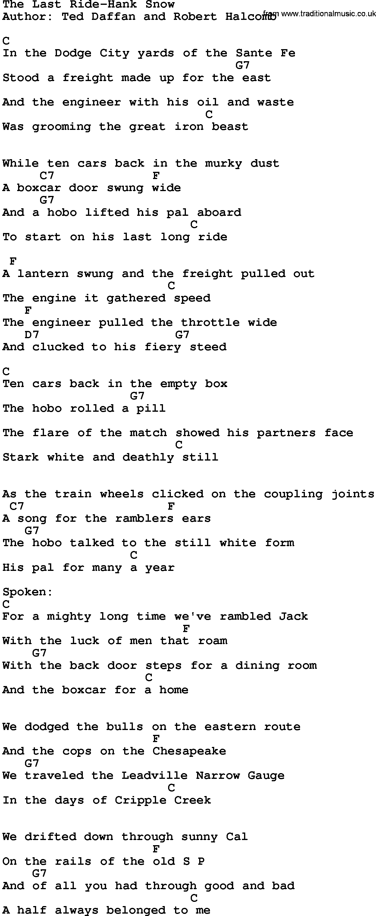 Country music song: The Last Ride-Hank Snow lyrics and chords