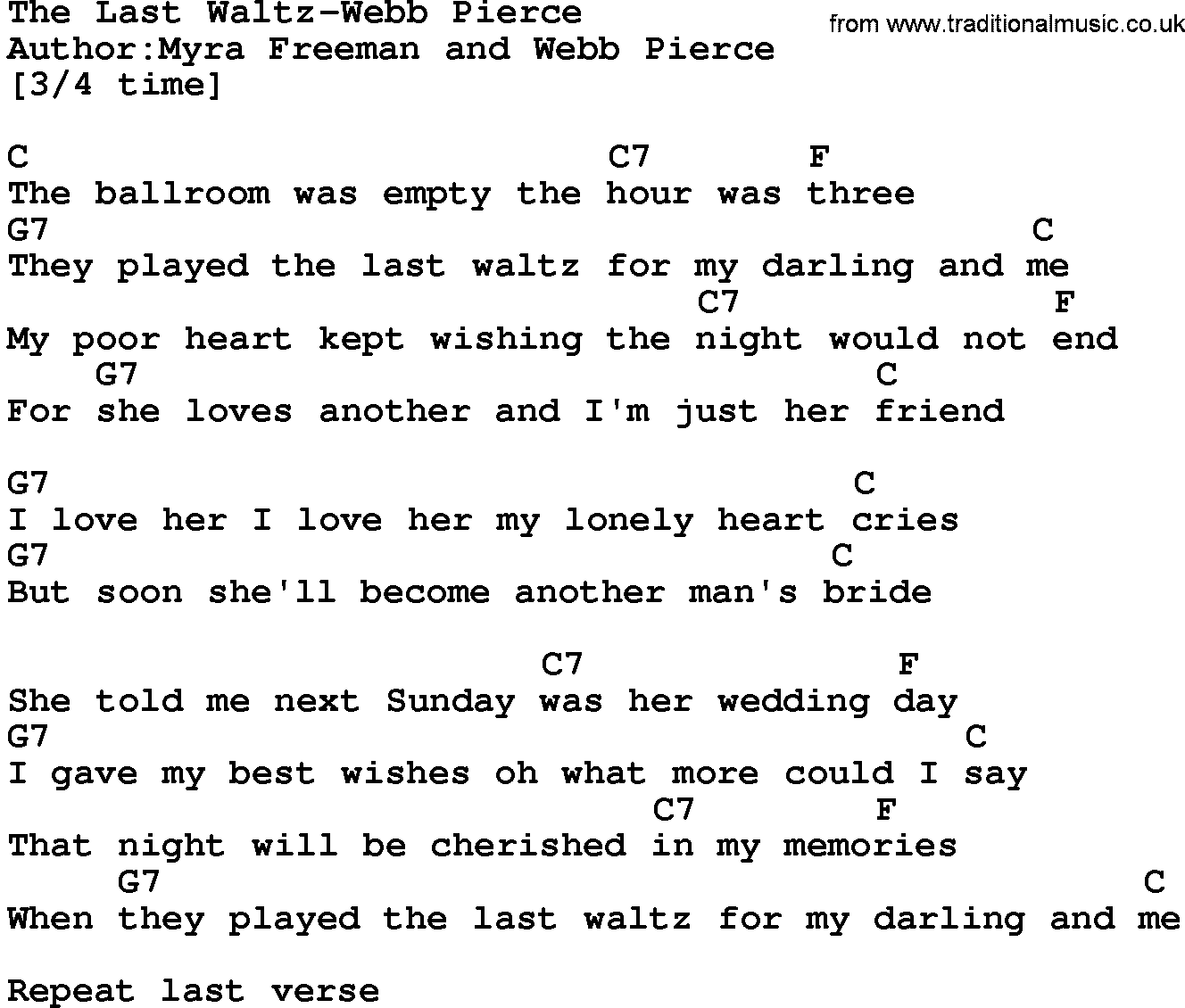 Country music song: The Last Waltz-Webb Pierce lyrics and chords