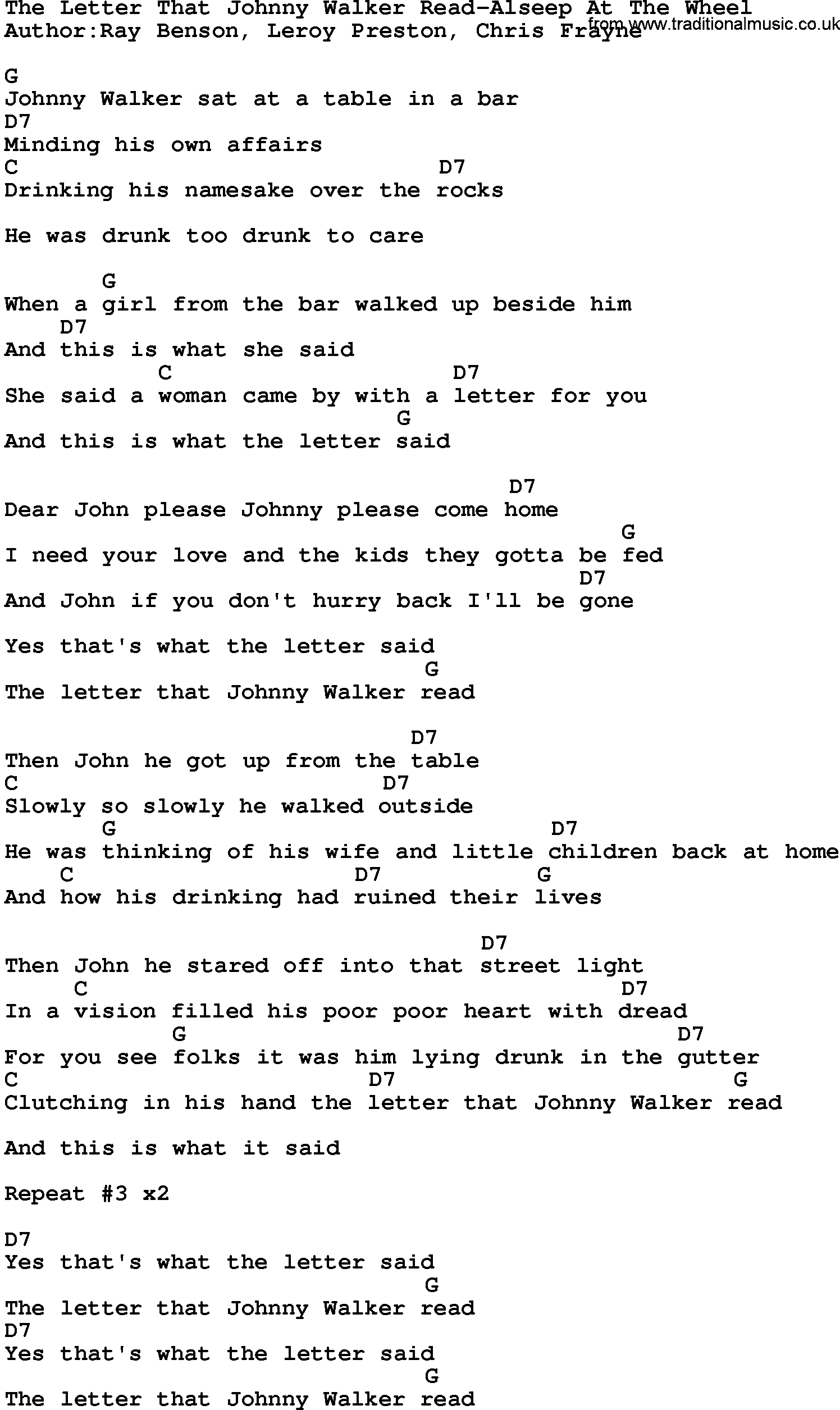 Country music song: The Letter That Johnny Walker Read-Alseep At The Wheel lyrics and chords