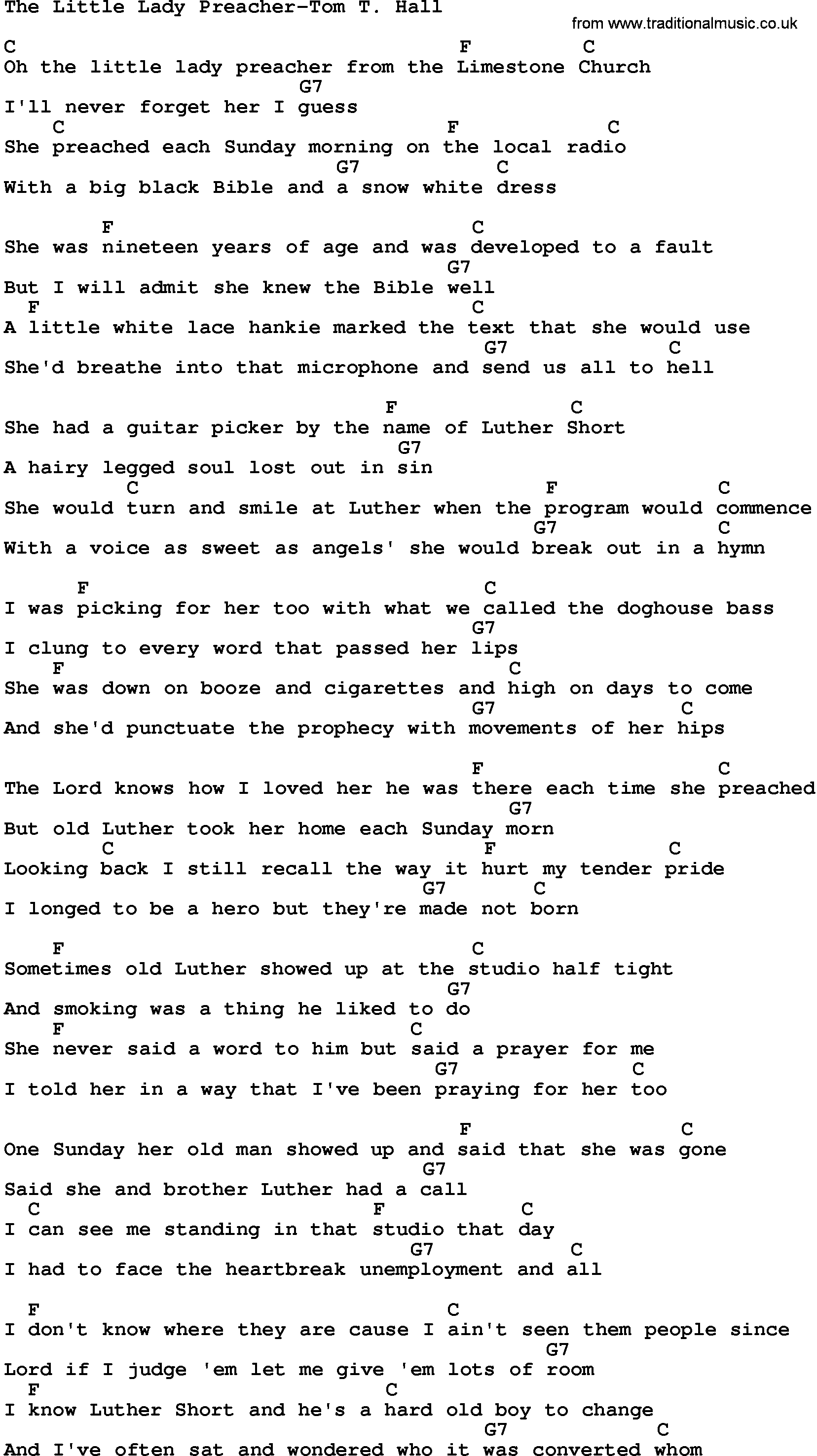 Country music song: The Little Lady Preacher-Tom T Hall lyrics and chords