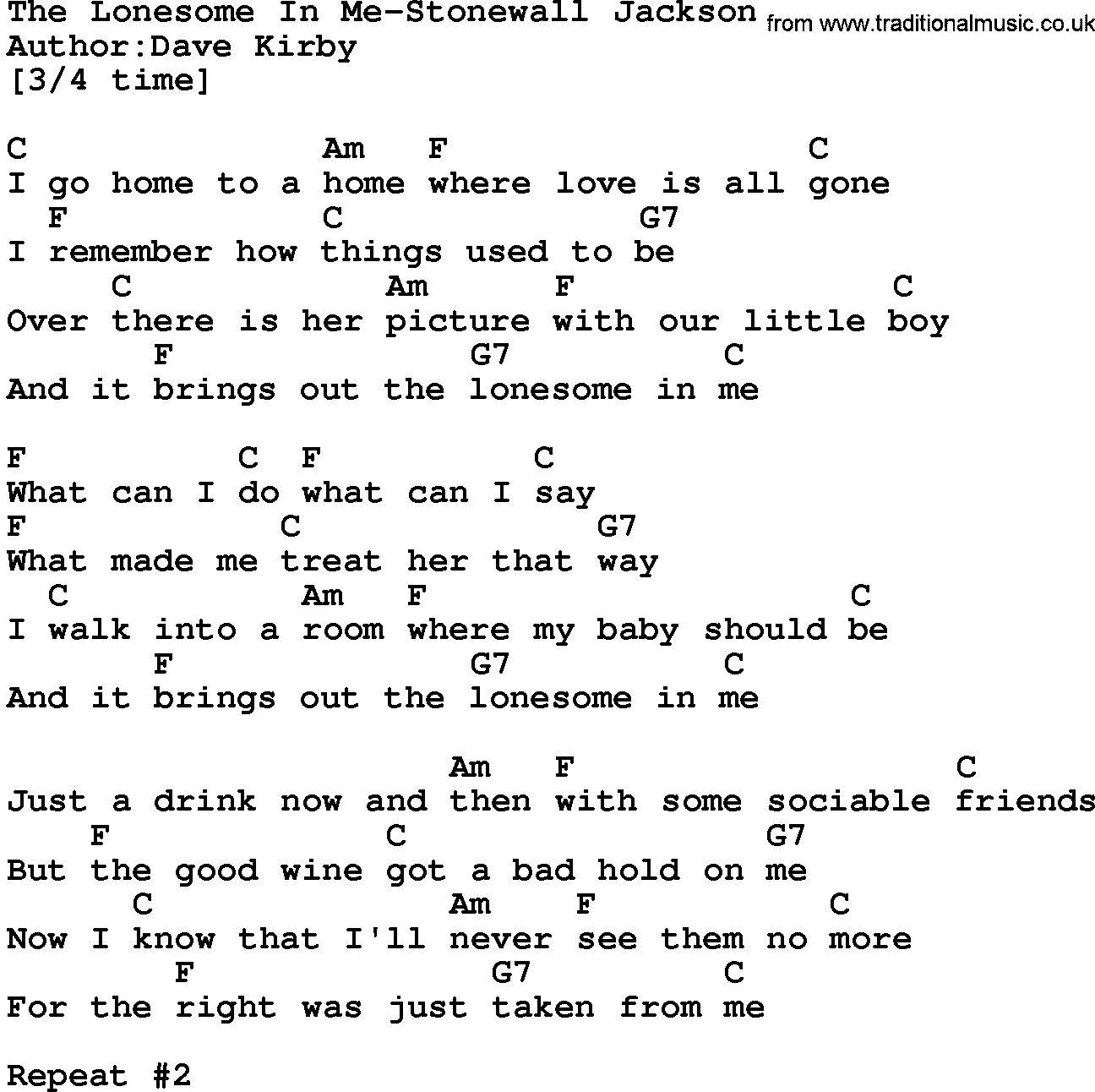 Country music song: The Lonesome In Me-Stonewall Jackson lyrics and chords