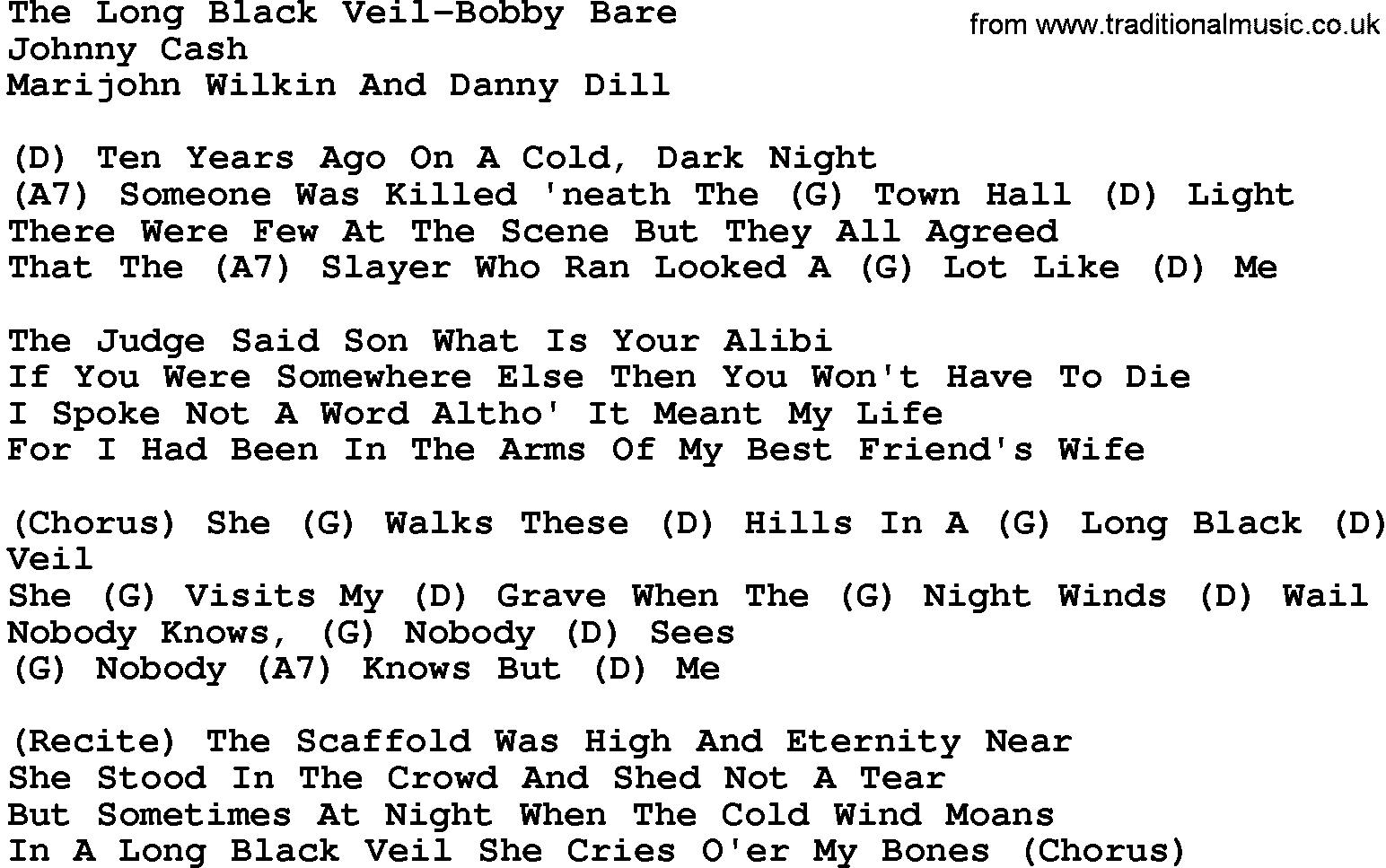 Country music song: The Long Black Veil-Bobby Bare lyrics and chords